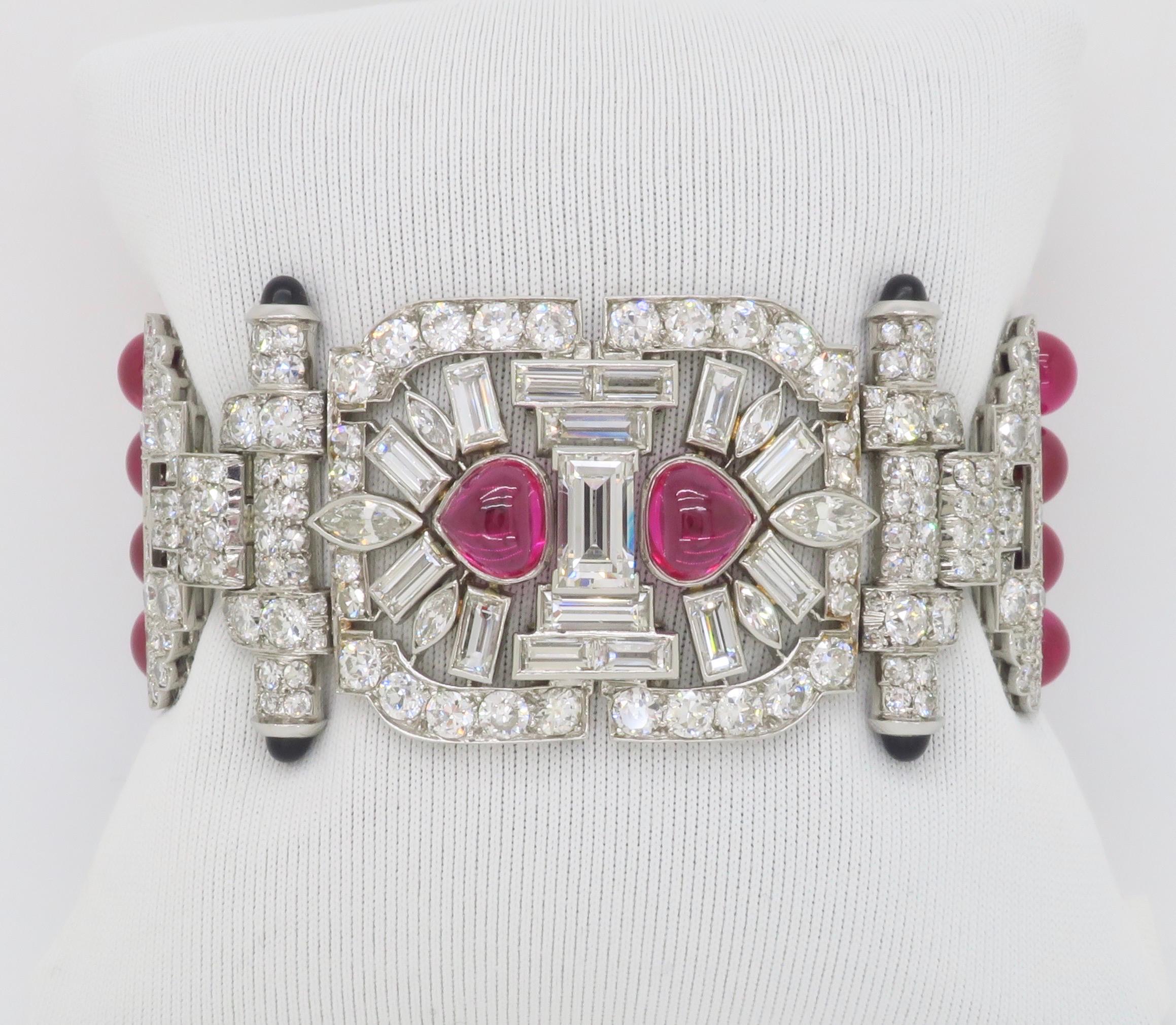 Stunning 18.04CTW Diamond buckle bracelet made with Ruby Beads, crafted in Platinum. 

Diamond Carat Weight: Approximately 18.04CTW
Diamond Cut: Straight Baguette & Marquise Brilliant, Old European, Round Single cut      
Color: Average: