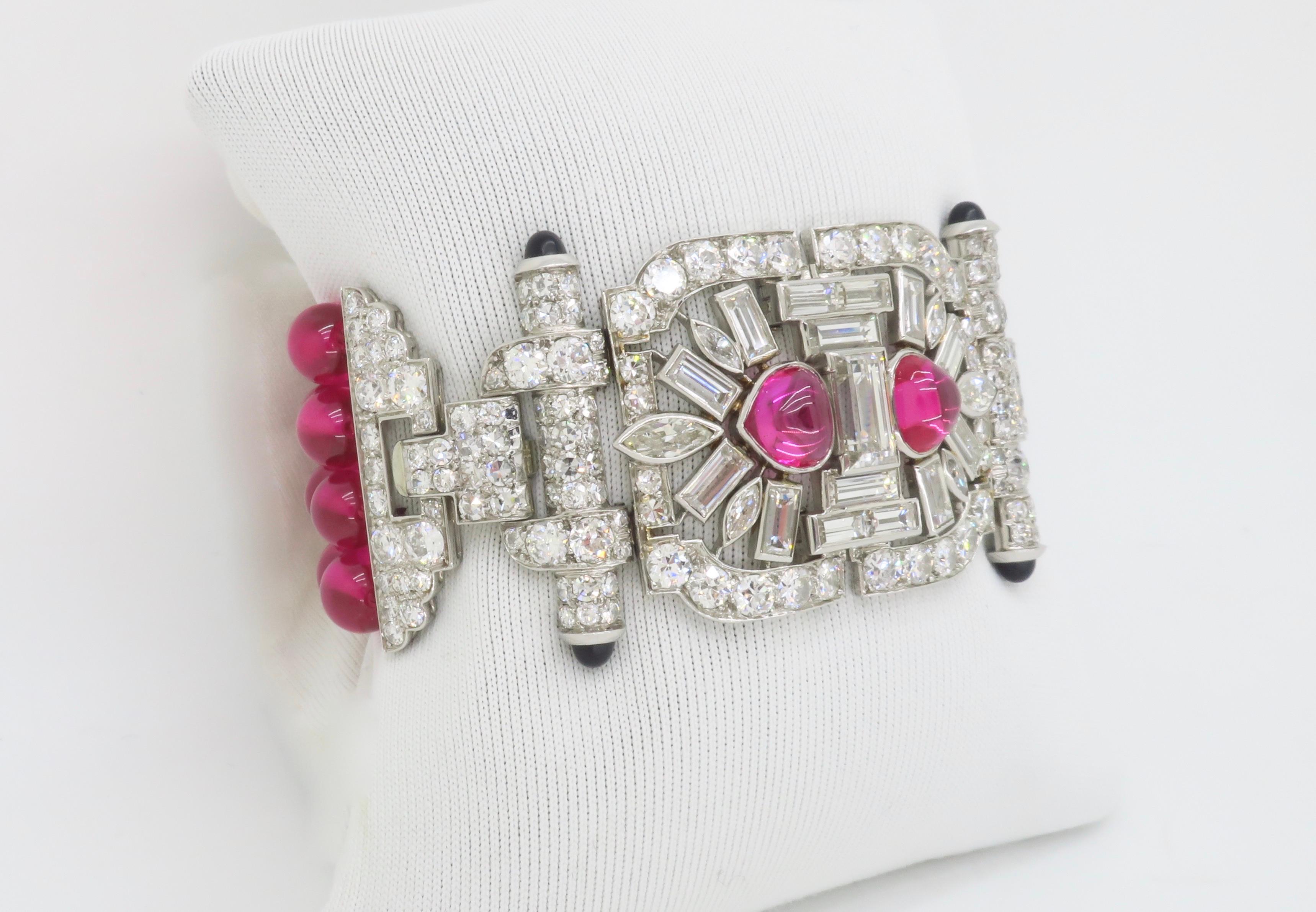 Baguette Cut Platinum 18.04CTW Diamond Buckle Bracelet made with Ruby Beads For Sale