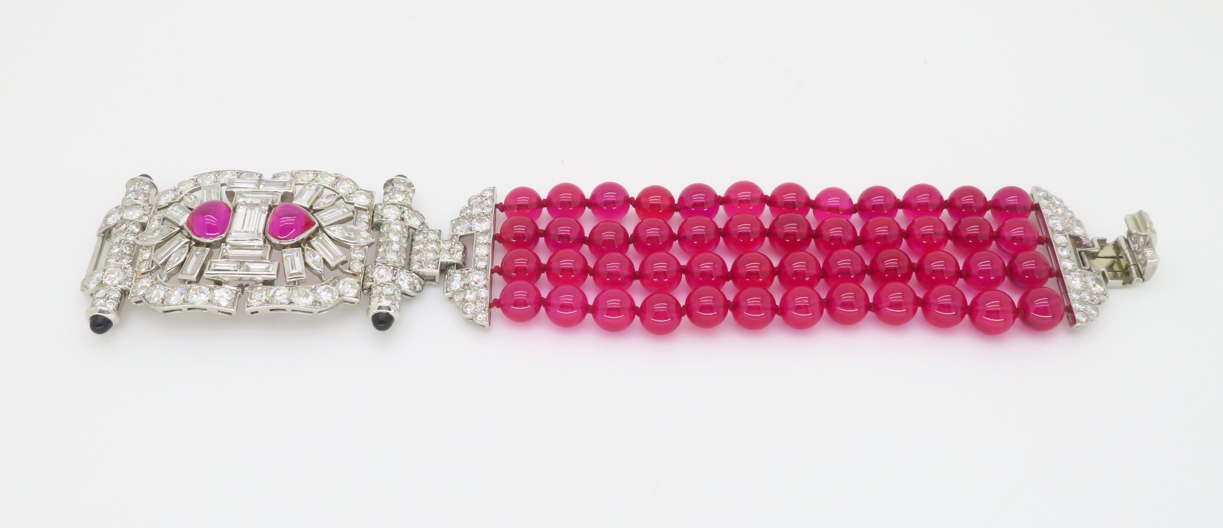 Platinum 18.04CTW Diamond Buckle Bracelet made with Ruby Beads For Sale 3