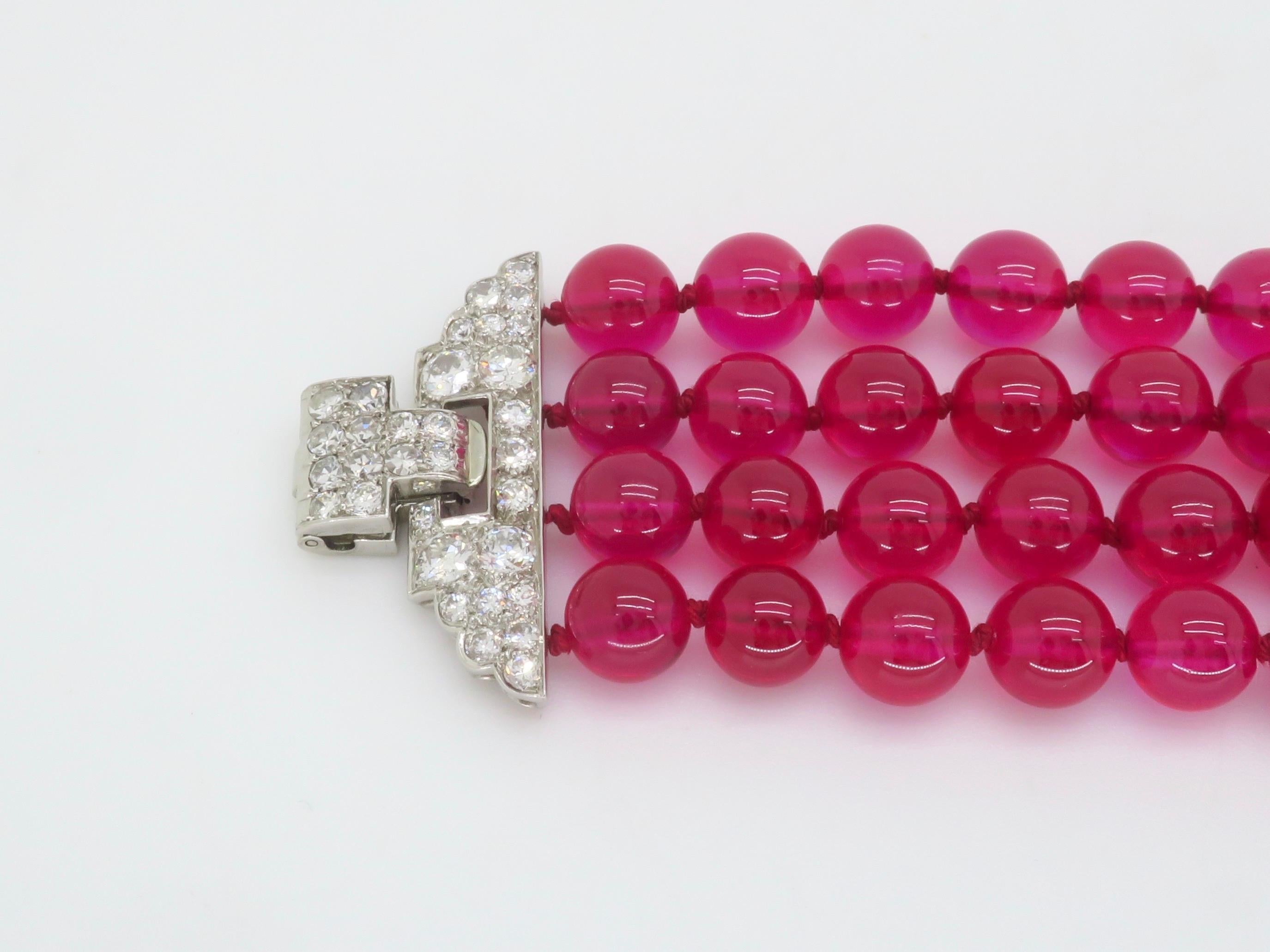 Platinum 18.04CTW Diamond Buckle Bracelet made with Ruby Beads For Sale 4