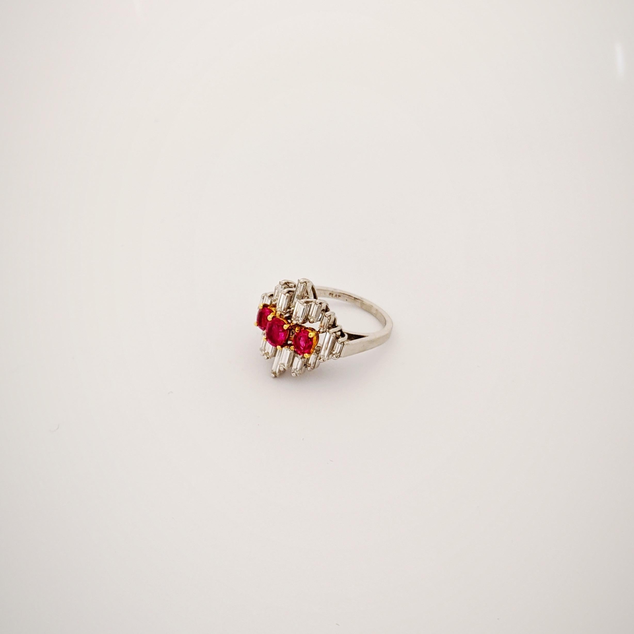 Platinum & 1.80 Carat Diamond Baguette Cocktail Ring with 1.26 Carat Oval Rubies For Sale 4