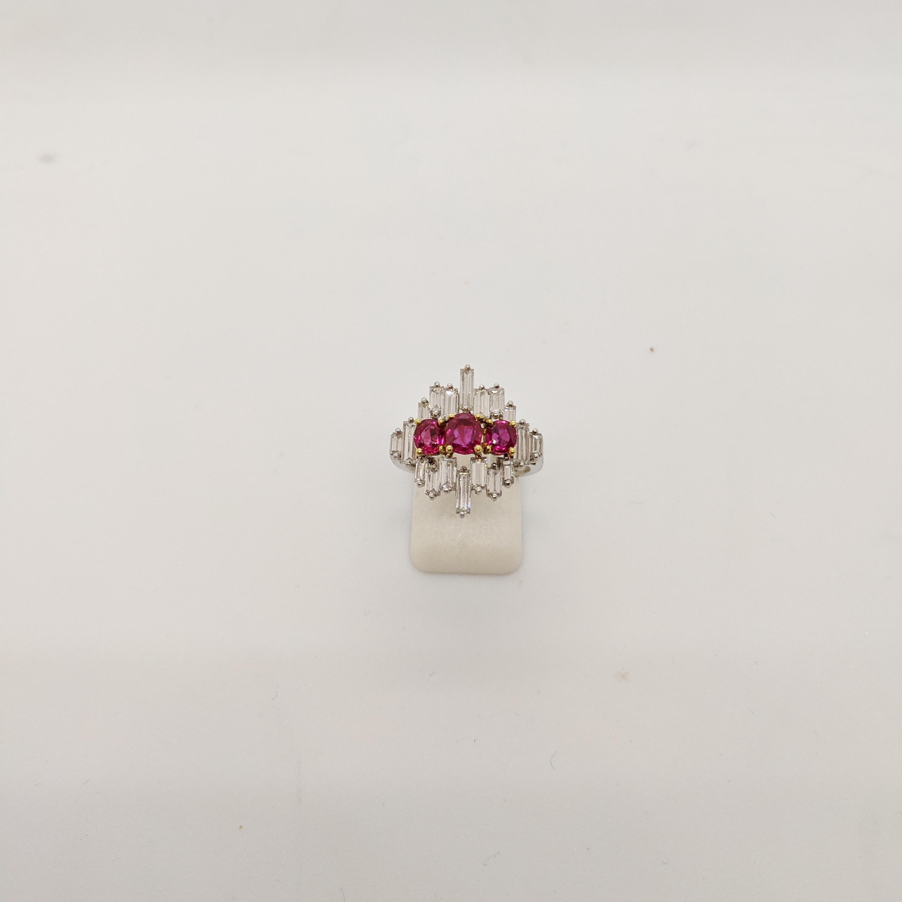 Oval Cut Platinum & 1.80 Carat Diamond Baguette Cocktail Ring with 1.26 Carat Oval Rubies For Sale