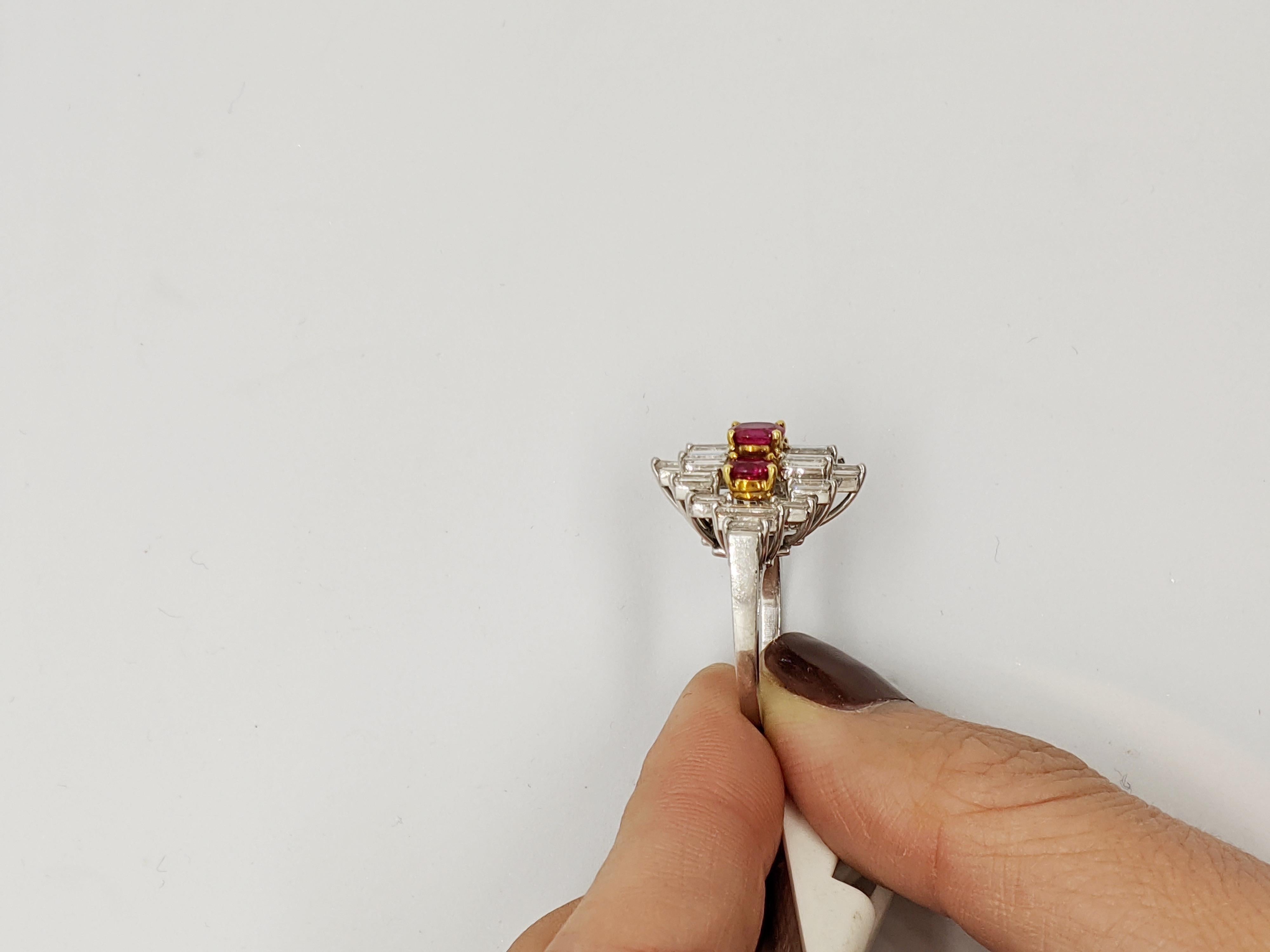 Platinum & 1.80 Carat Diamond Baguette Cocktail Ring with 1.26 Carat Oval Rubies In New Condition For Sale In New York, NY