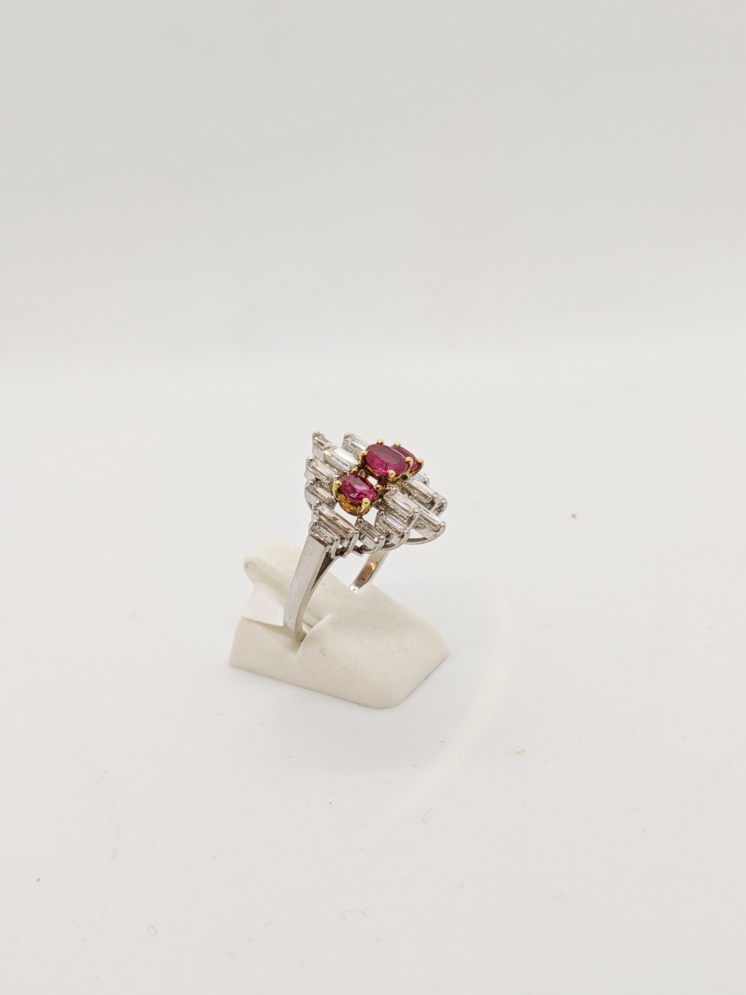Platinum & 1.80 Carat Diamond Baguette Cocktail Ring with 1.26 Carat Oval Rubies For Sale 1