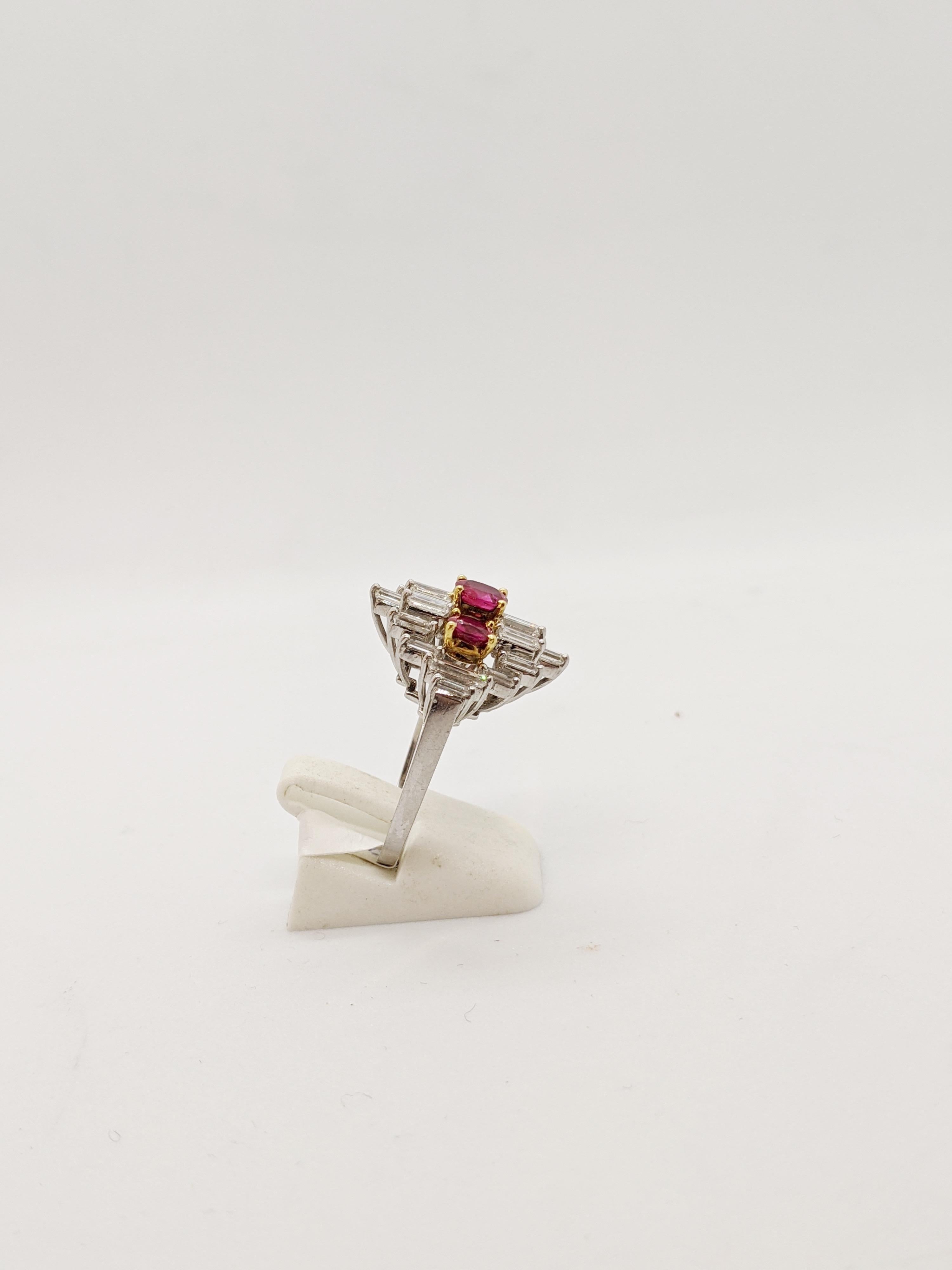 Platinum & 1.80 Carat Diamond Baguette Cocktail Ring with 1.26 Carat Oval Rubies For Sale 2
