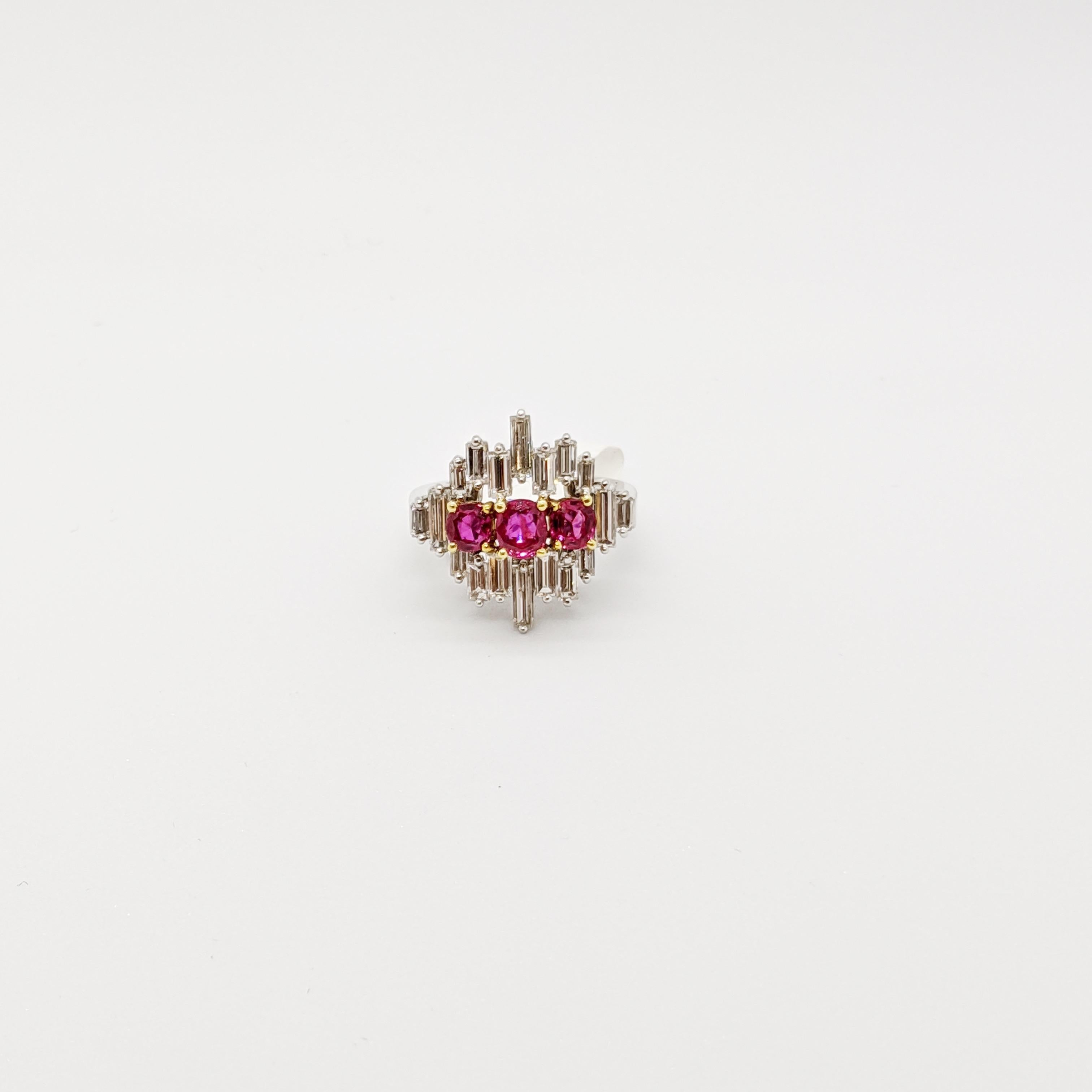 Platinum & 1.80 Carat Diamond Baguette Cocktail Ring with 1.26 Carat Oval Rubies For Sale 3