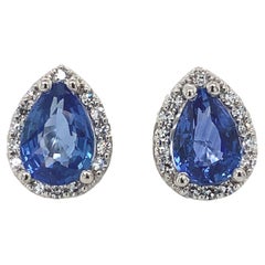 Platinum 1.80cttw Blue Sapphire Stud Earrings with Diamond Halo