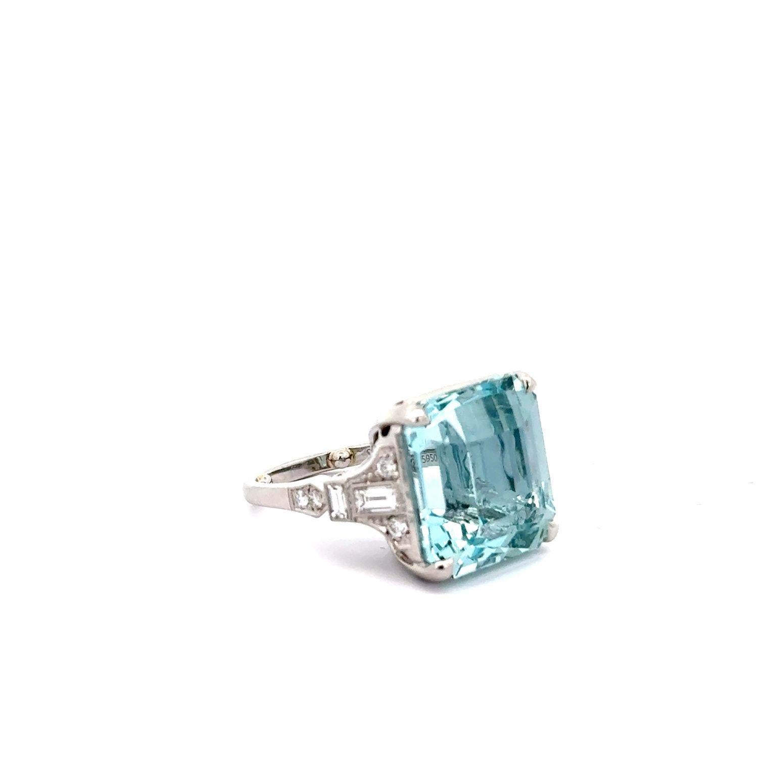 Elevate your style with the captivating Platinum 18.36 Carat Aquamarine and Diamond Cocktail Ring.

• Stunning 18.36-carat aquamarine center stone
• Sparkling round diamonds (0.18 carats) and baguette diamonds (0.49 carats) G-VS
• Platinum setting