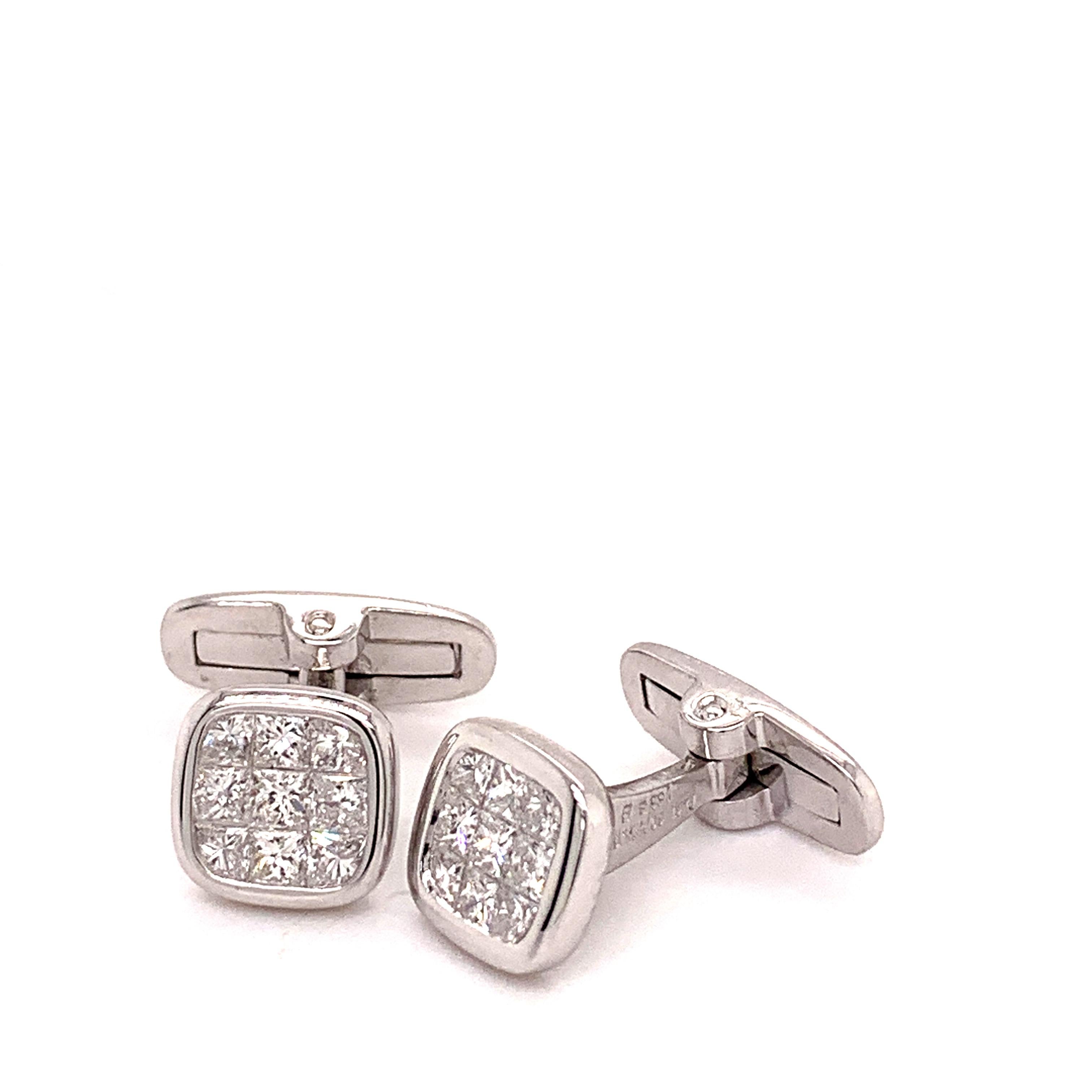 French Cut Platinum 1.88 Carat All Diamond Set Cufflinks