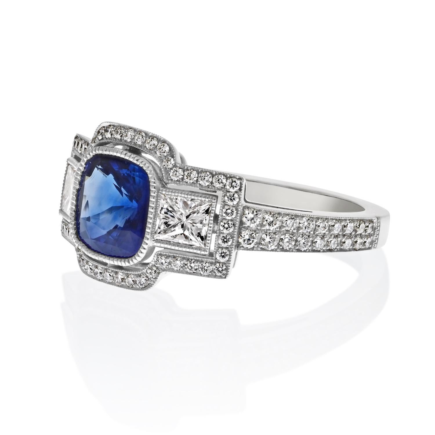 Modern Platinum 1.88ct Cushion Cut Sapphire Three Stone Diamond Engagement Ring For Sale