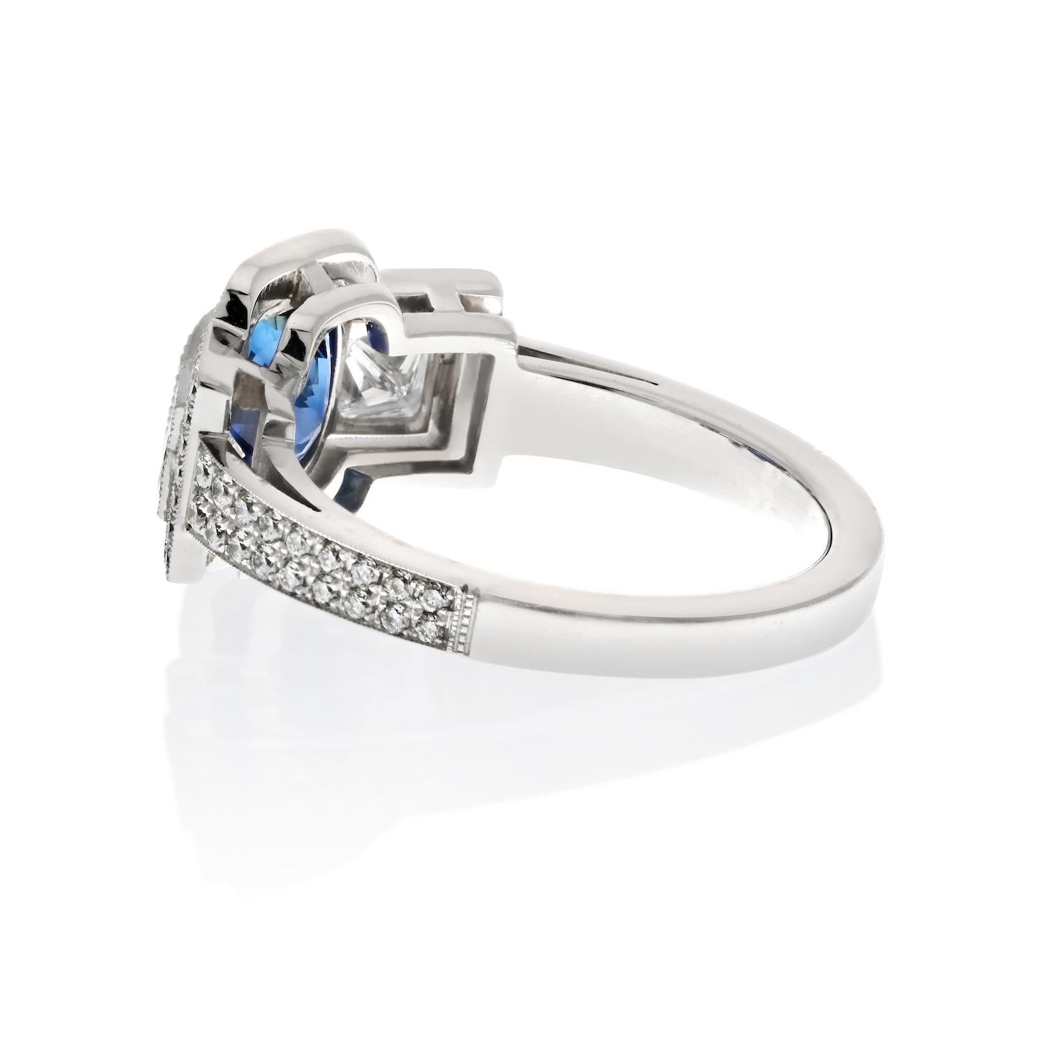 Platinum 1.88ct Cushion Cut Sapphire Three Stone Diamond Engagement Ring In New Condition For Sale In New York, NY