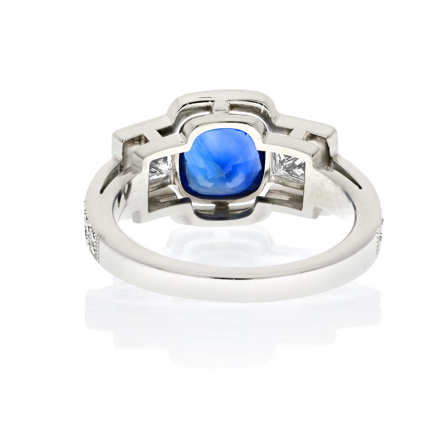 Women's Platinum 1.88ct Cushion Cut Sapphire Three Stone Diamond Engagement Ring For Sale
