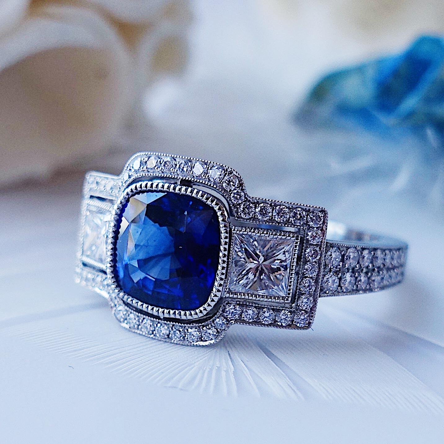 Platinum 1.88ct Cushion Cut Sapphire Three Stone Diamond Engagement Ring For Sale 2