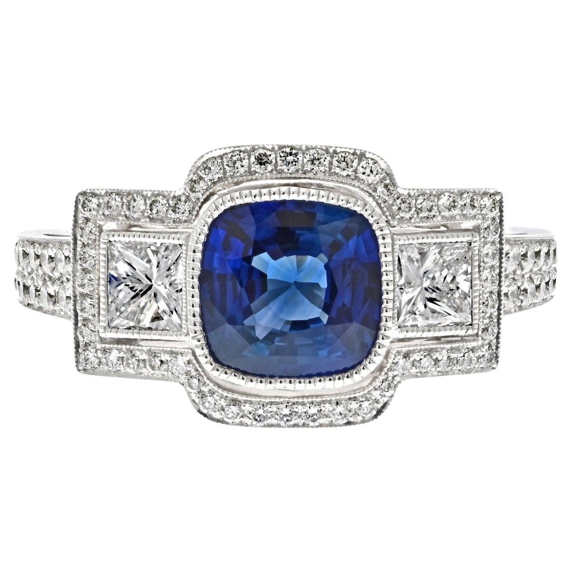 Platinum 1.88ct Cushion Cut Sapphire Three Stone Diamond Engagement Ring For Sale