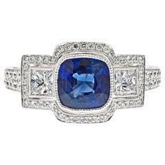 Platinum 1.88ct Cushion Cut Sapphire Three Stone Diamond Engagement Ring
