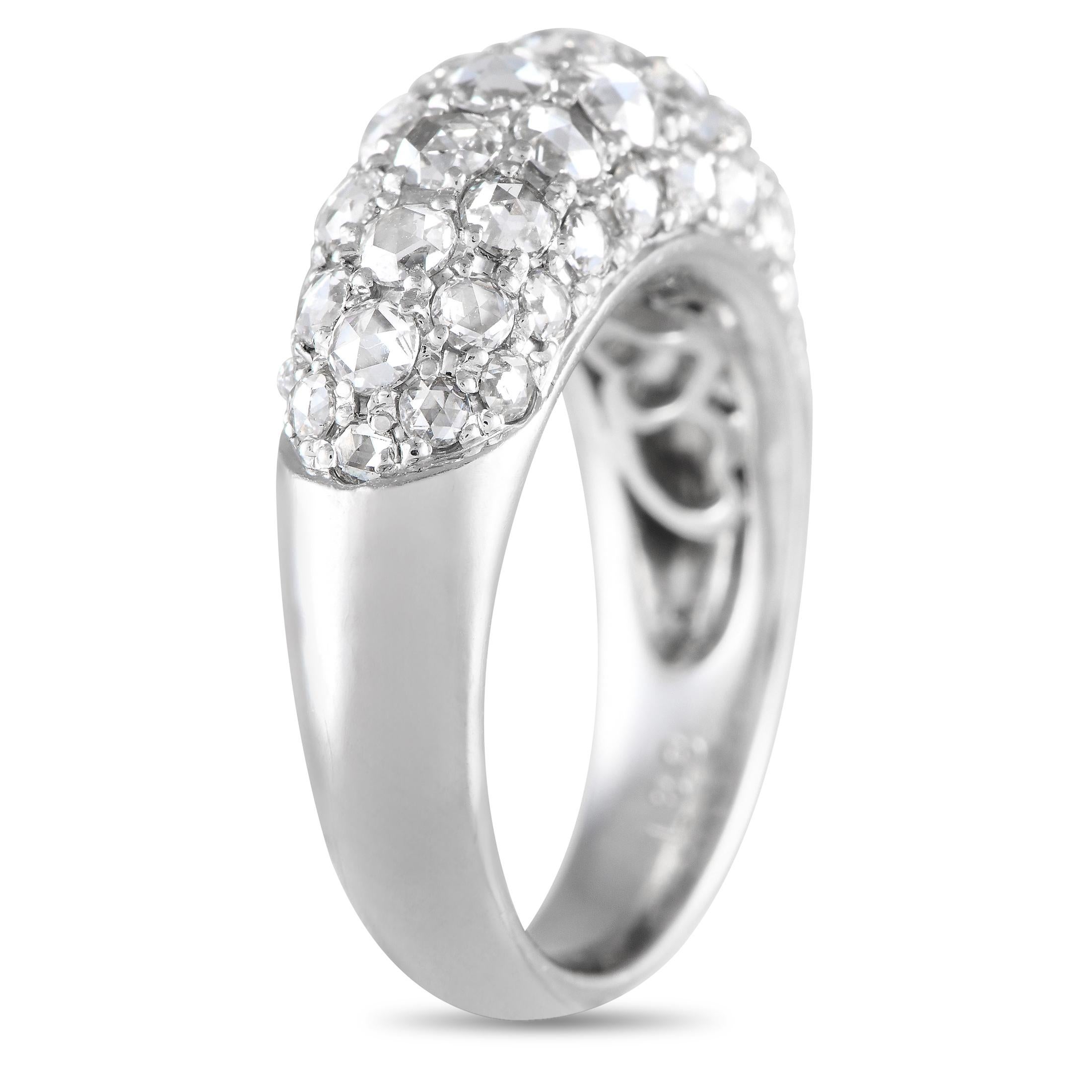 Dazzle a style-savvy woman with the gorgeous sparkle of this ring. The domed band is crafted in platinum, and its top half is covered with round diamonds of varying sizes. A total of 1.88 carats of diamonds bring a stunning shine to this ring. The