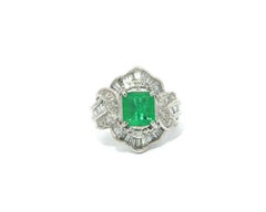 Platinum 1.8ctw Square Step Cut Emerald w/ Baguette Diamond Wide Band Ring