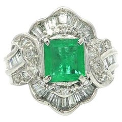 Platinum 1.8ctw Square Step Cut Emerald w/ Baguette Diamond Wide Band Ring