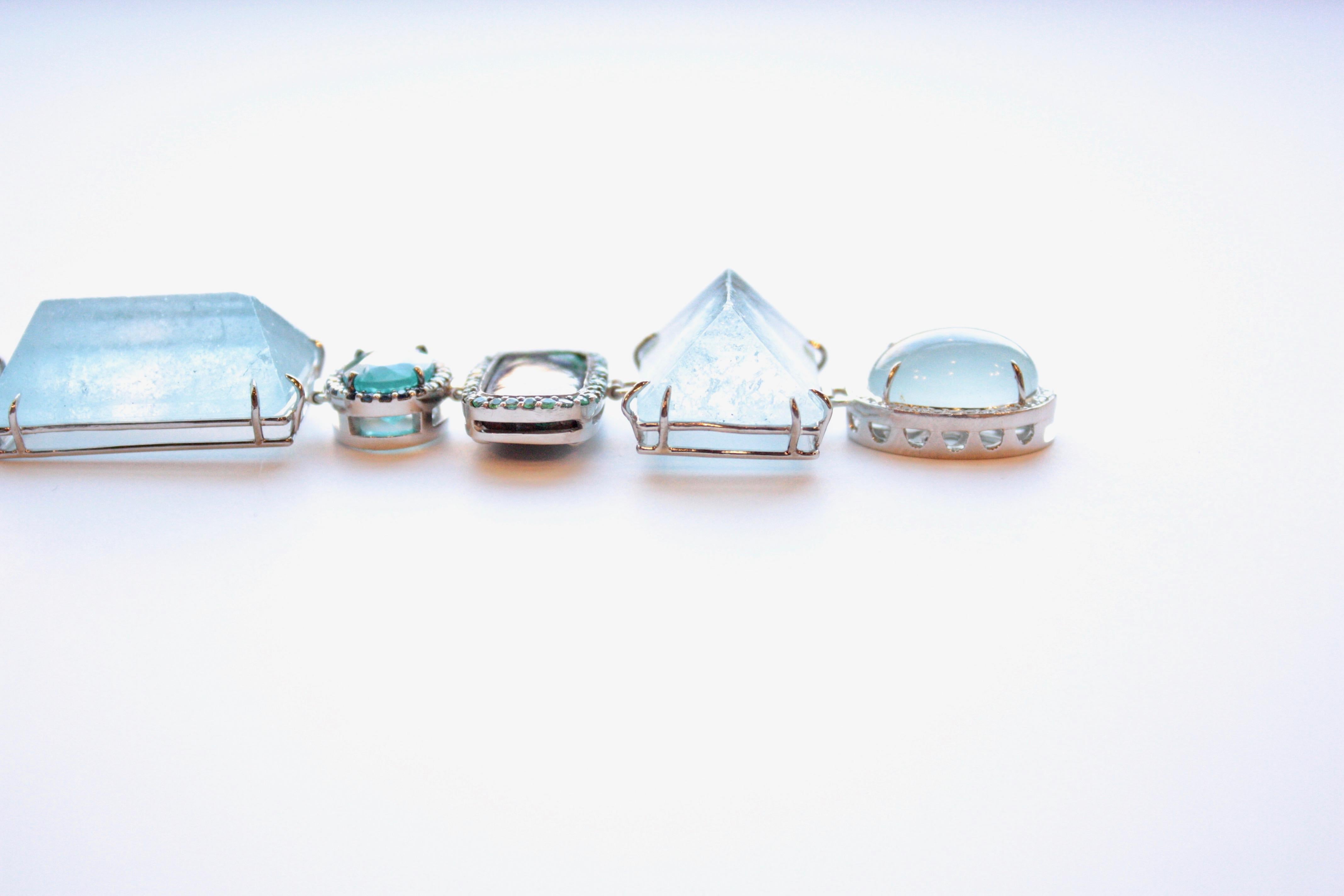 Sharon Khazzam Platinum & 18 Karat White Gold Aquamarine Trinket Bracelet In New Condition For Sale In Great Neck, NY