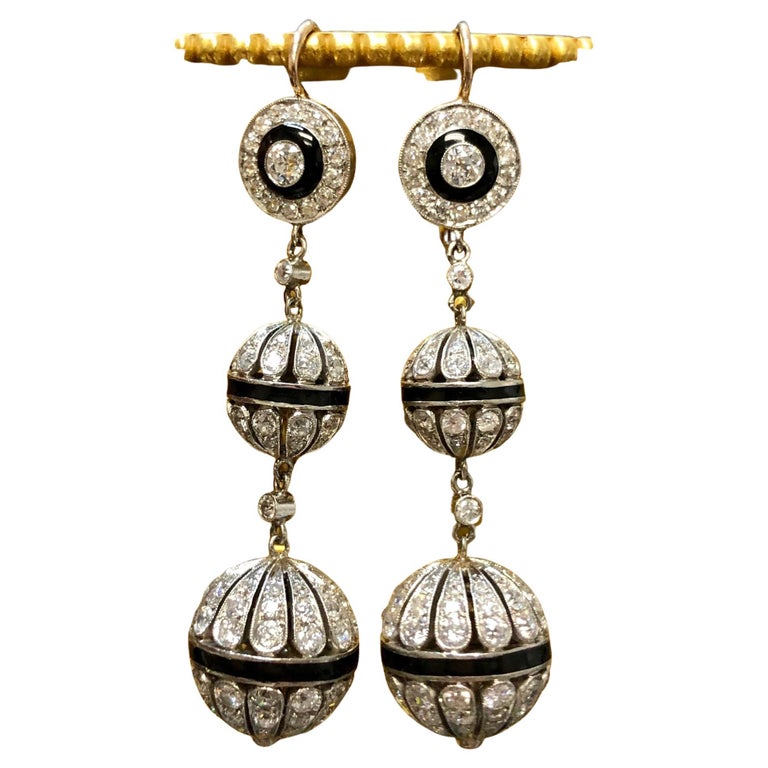 Platinum 18K Art Deco Enamel Diamond Ball Drop French Back Earrings For Sale at 1stDibs