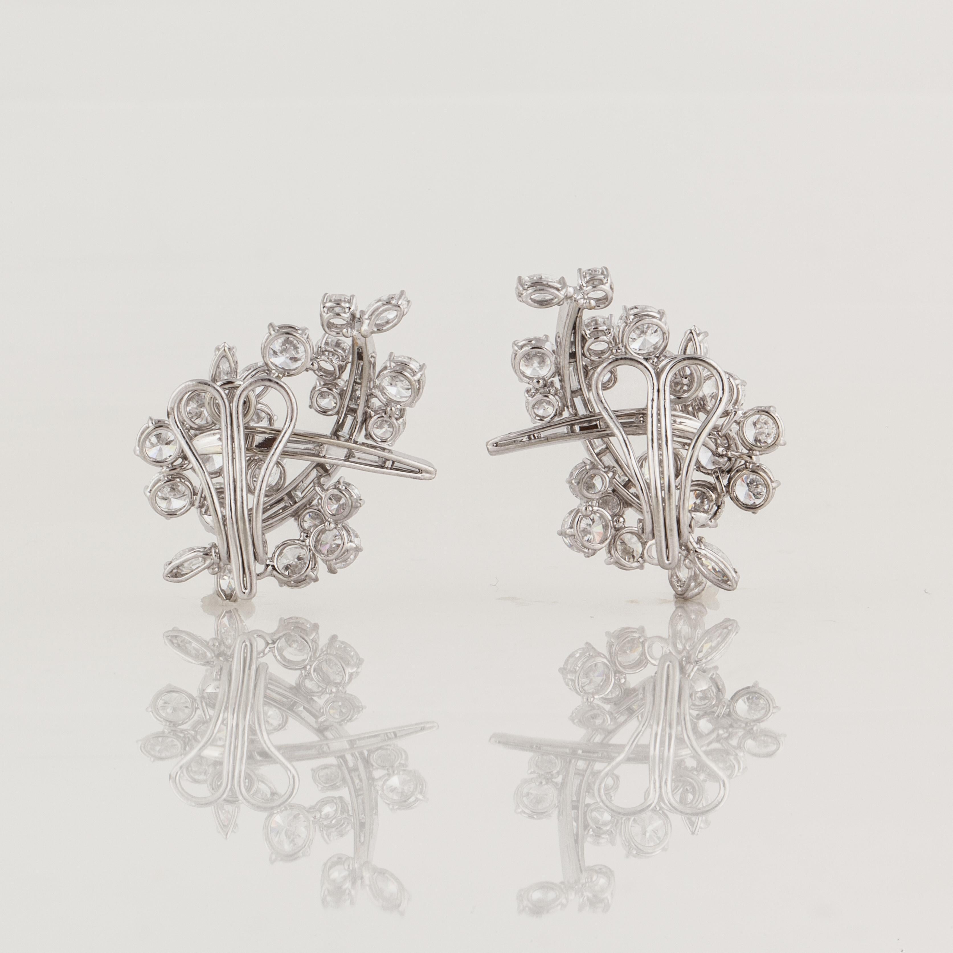 Mixed Cut Platinum Diamond Cluster Earrings For Sale