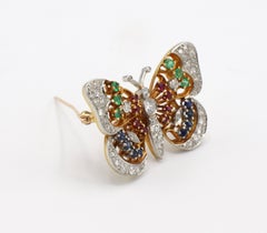 Platinum and 18 Karat Diamond and Gemstone Butterfly Brooch Pin