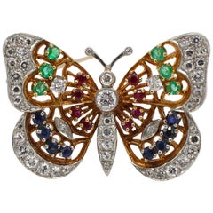 Platinum and 18 Karat Diamond and Gemstone Butterfly Brooch Pin