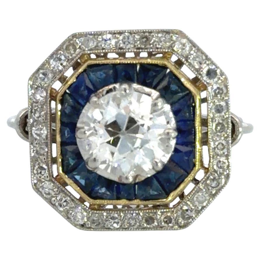 Platinum 18k Diamond Sapphire Art Deco Style Ring