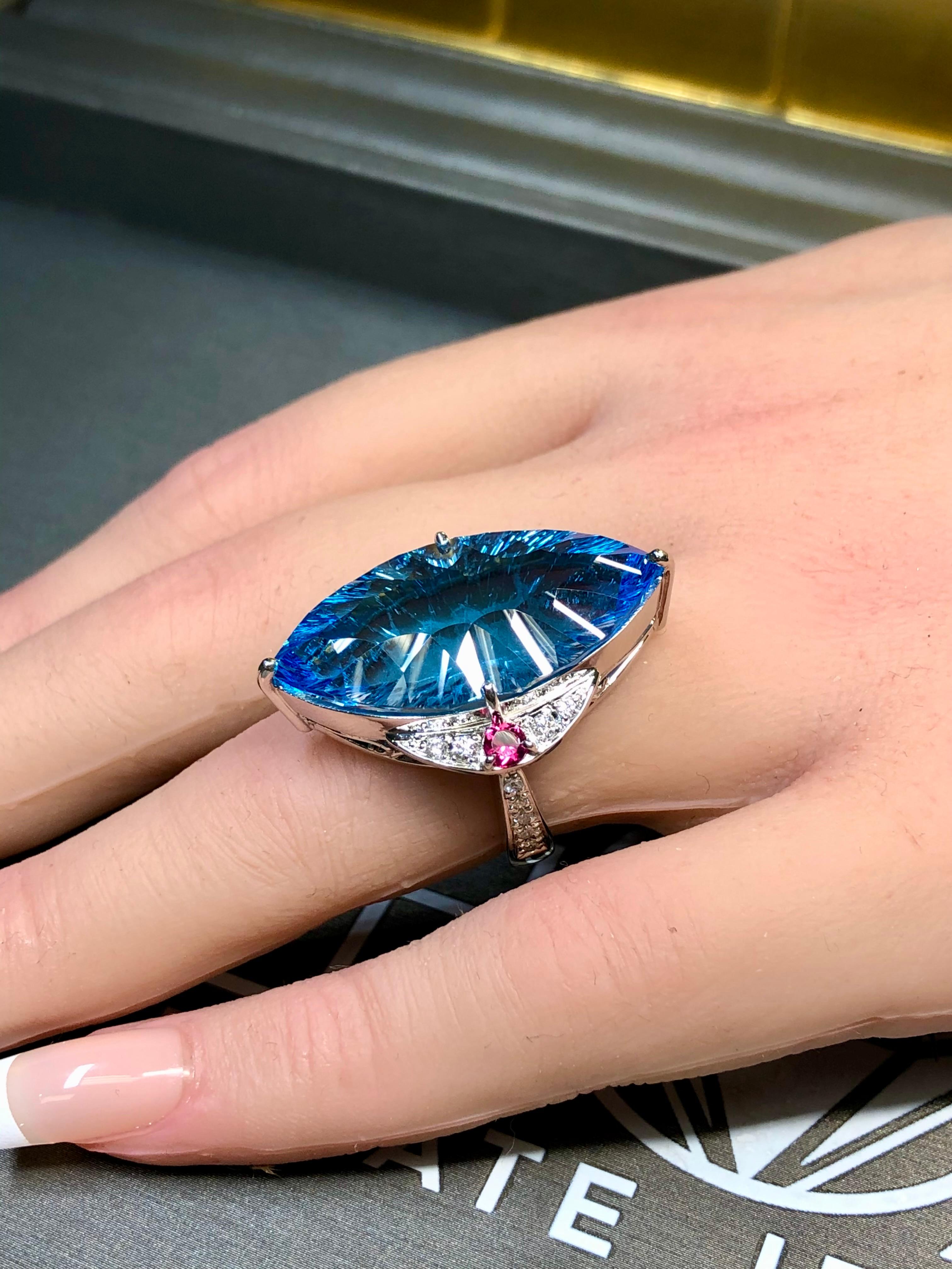Platinum 18K Fantasy Cut Marquise Topaz Diamond Ruby Large Cocktail Ring 26.11ct For Sale 4