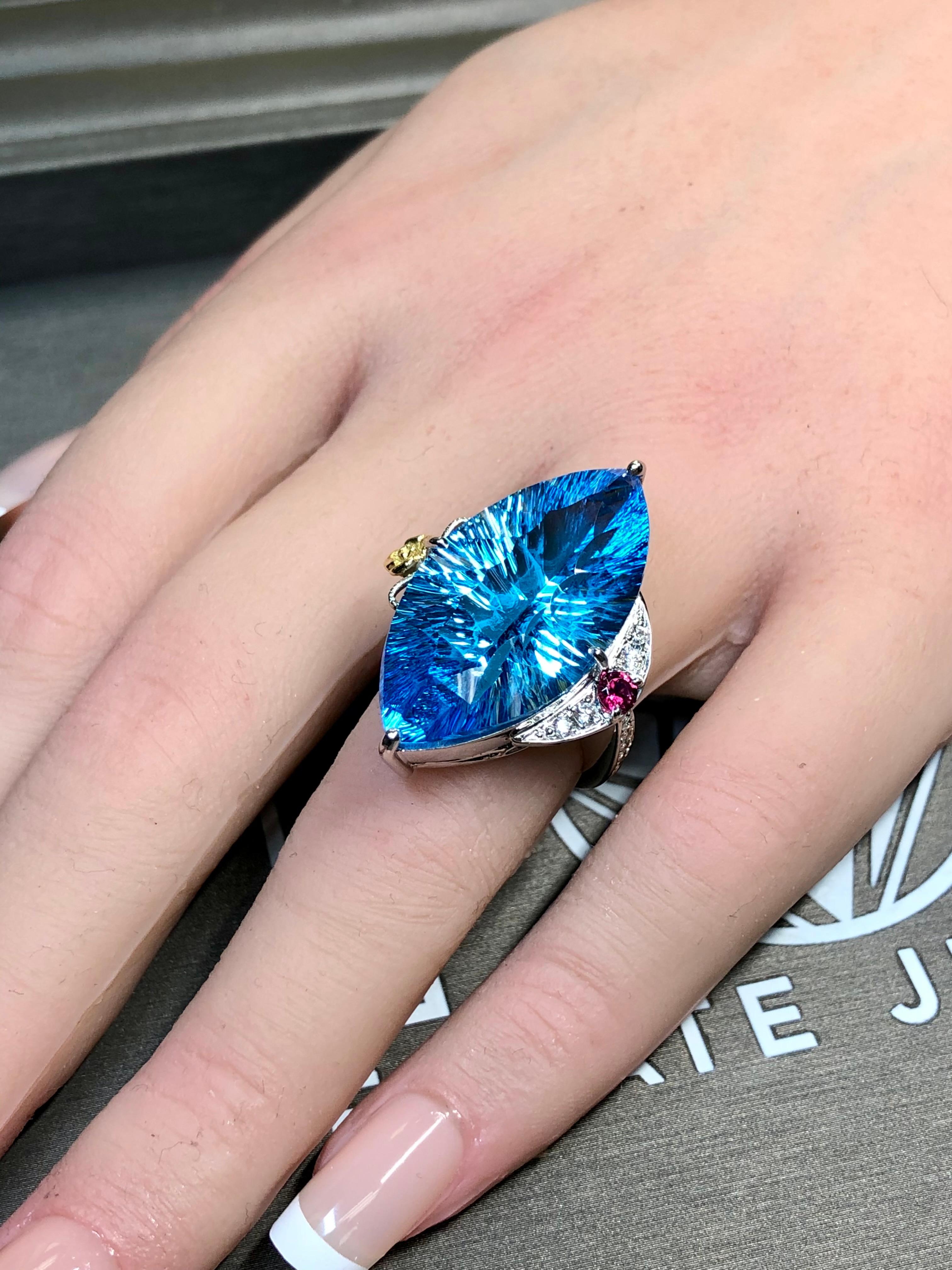 Platinum 18K Fantasy Cut Marquise Topaz Diamond Ruby Large Cocktail Ring 26.11ct For Sale 5