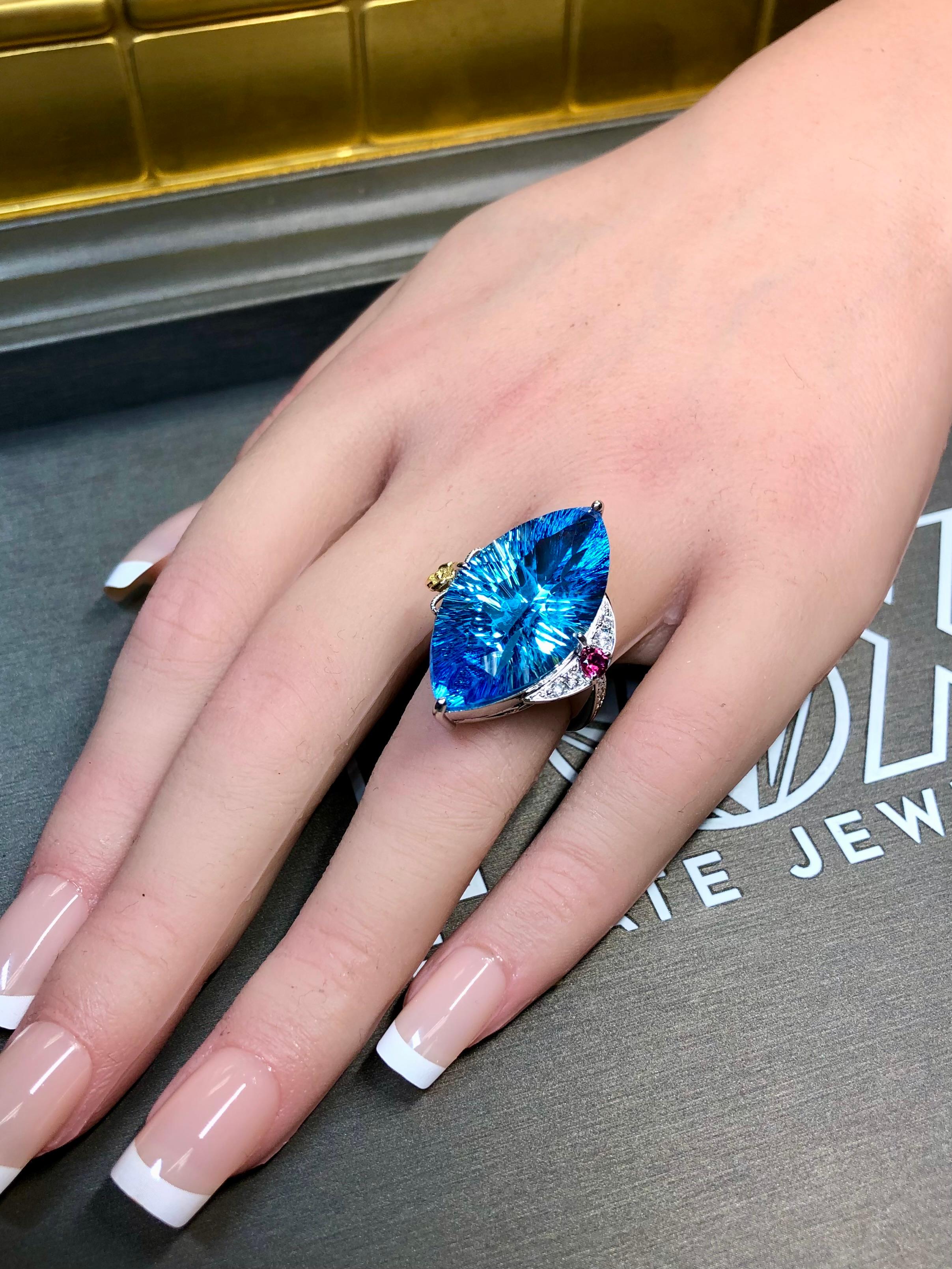 Platinum 18K Fantasy Cut Marquise Topaz Diamond Ruby Large Cocktail Ring 26.11ct For Sale 6