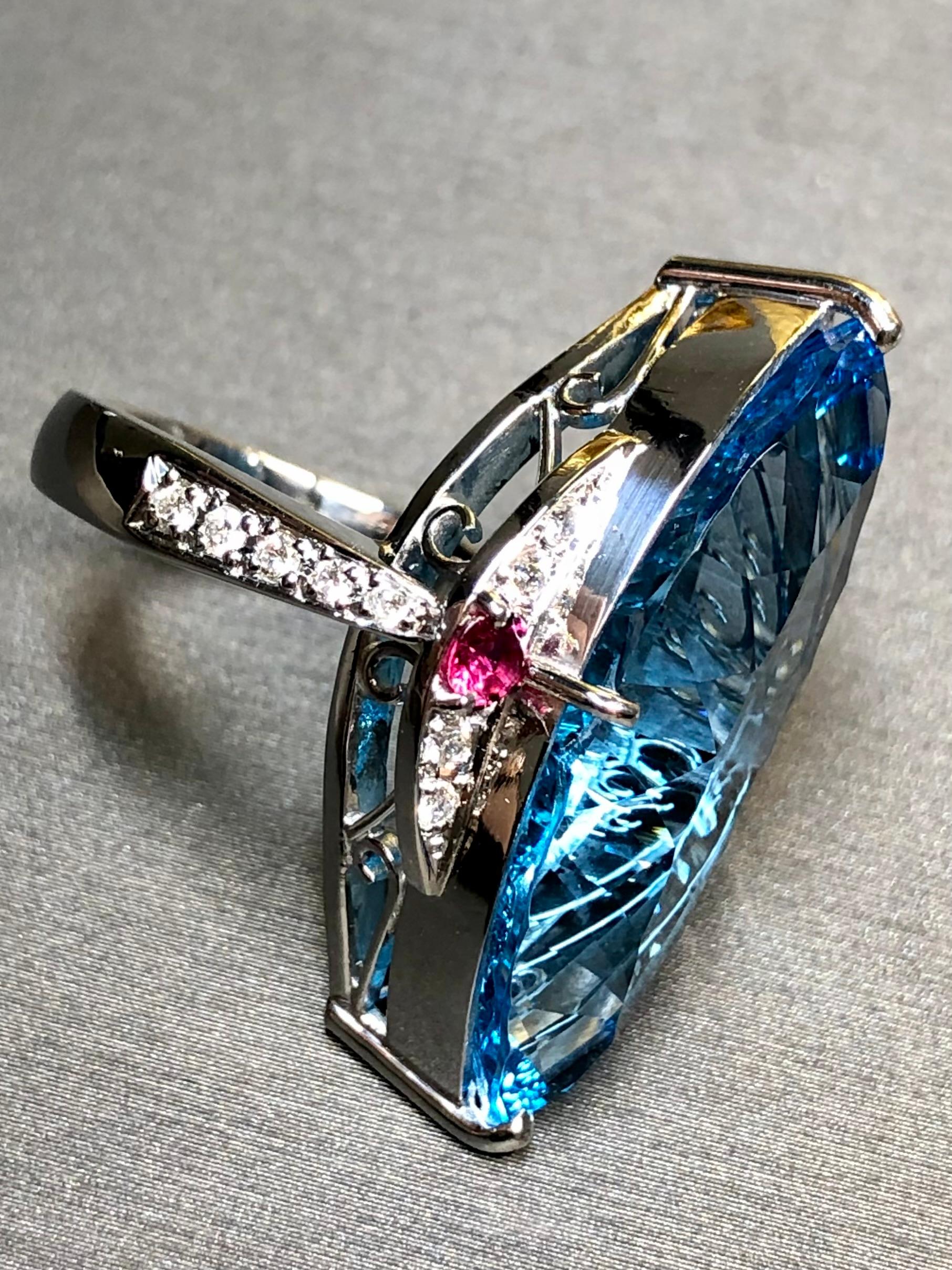 Contemporary Platinum 18K Fantasy Cut Marquise Topaz Diamond Ruby Large Cocktail Ring 26.11ct For Sale