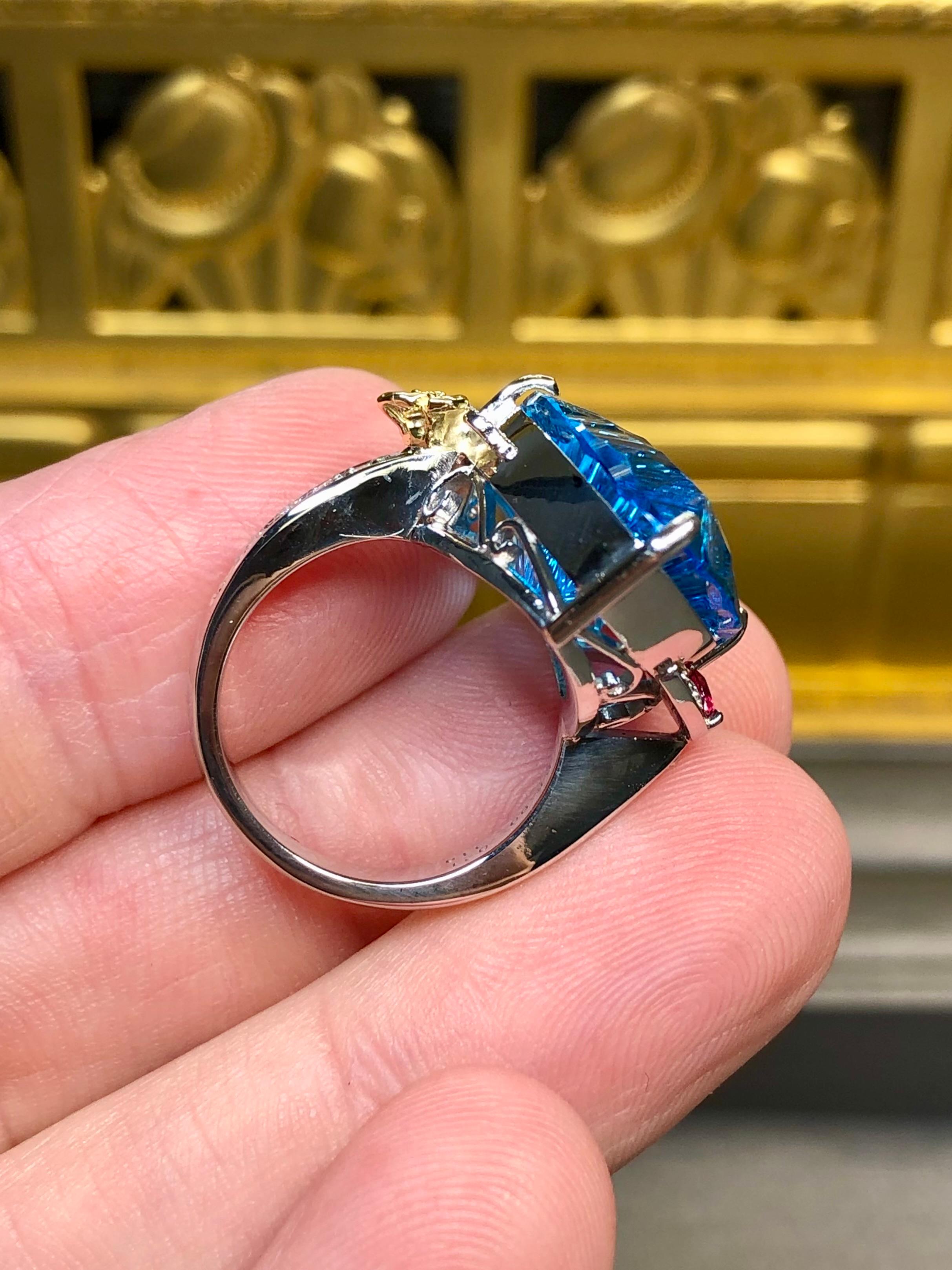 Women's or Men's Platinum 18K Fantasy Cut Marquise Topaz Diamond Ruby Large Cocktail Ring 26.11ct For Sale