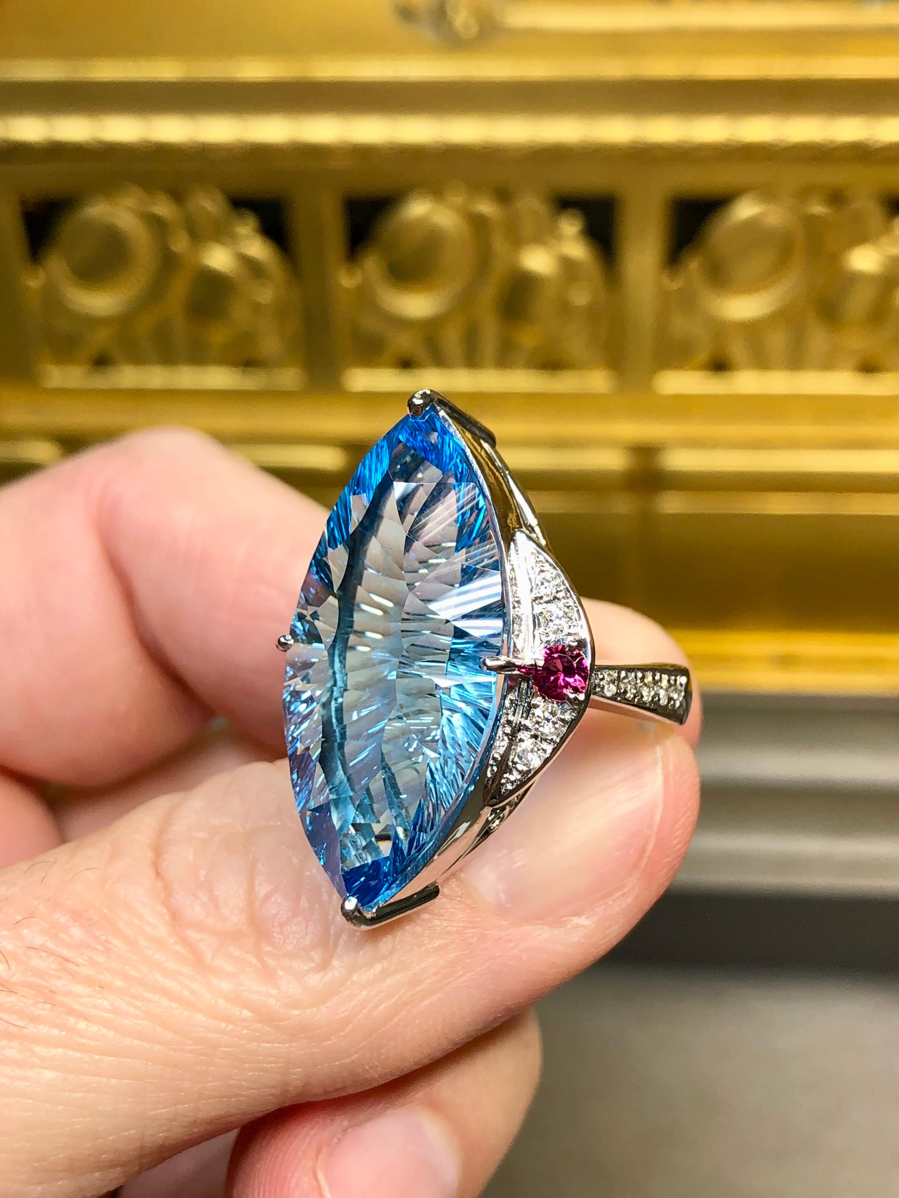 Platinum 18K Fantasy Cut Marquise Topaz Diamond Ruby Large Cocktail Ring 26.11ct For Sale 1