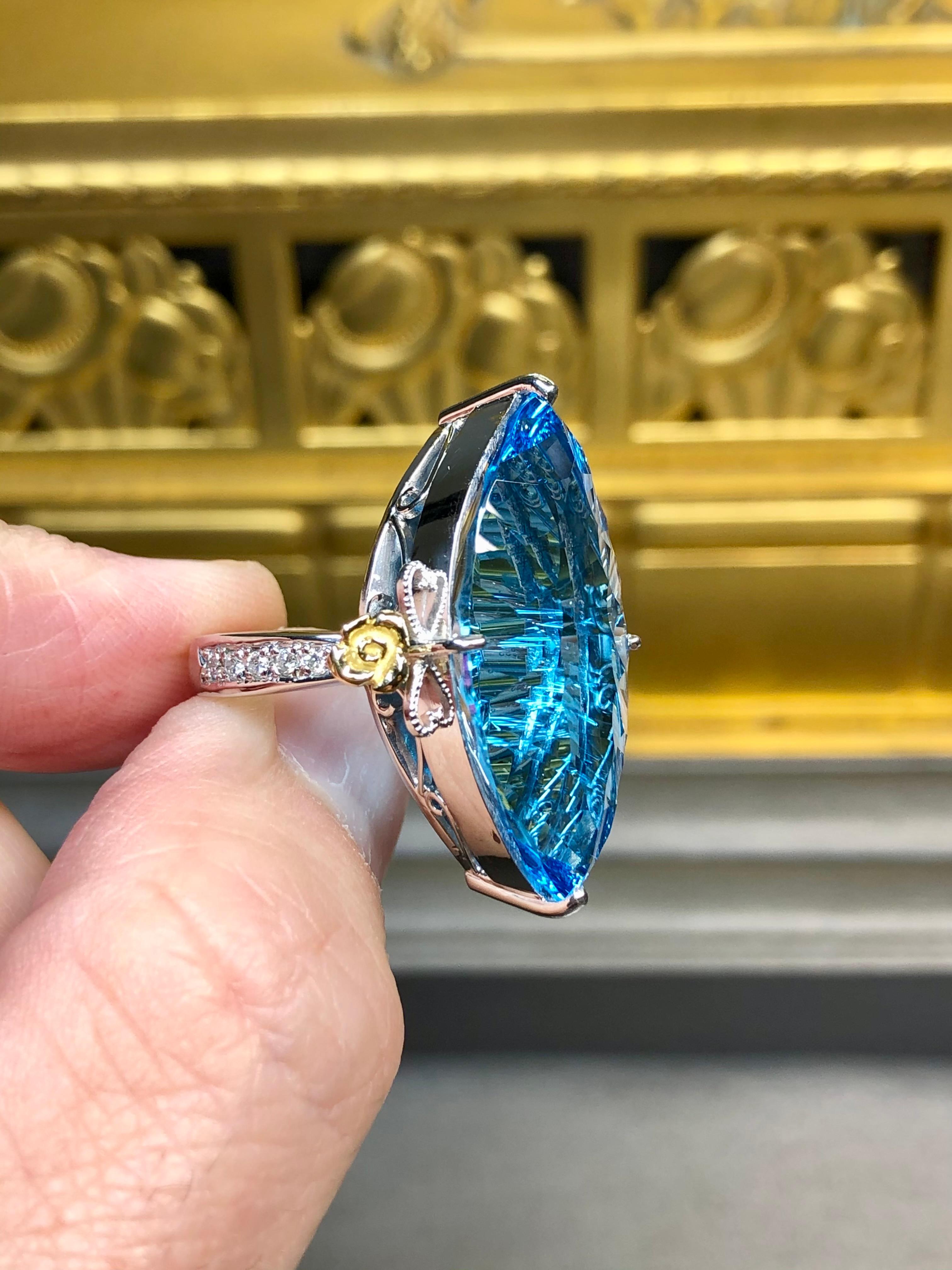 Platinum 18K Fantasy Cut Marquise Topaz Diamond Ruby Large Cocktail Ring 26.11ct For Sale 2