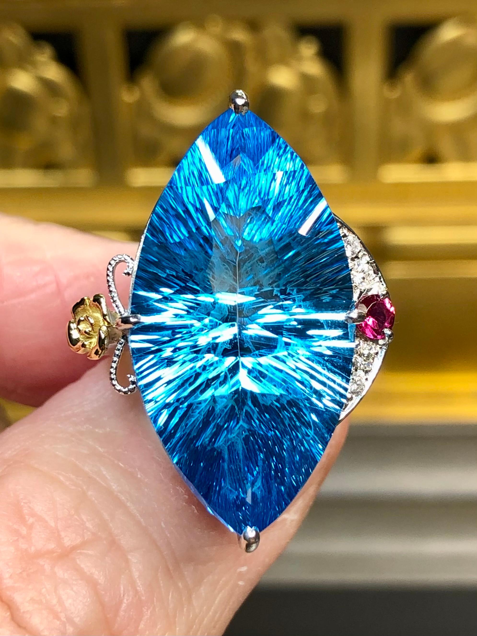 Platinum 18K Fantasy Cut Marquise Topaz Diamond Ruby Large Cocktail Ring 26.11ct For Sale 3