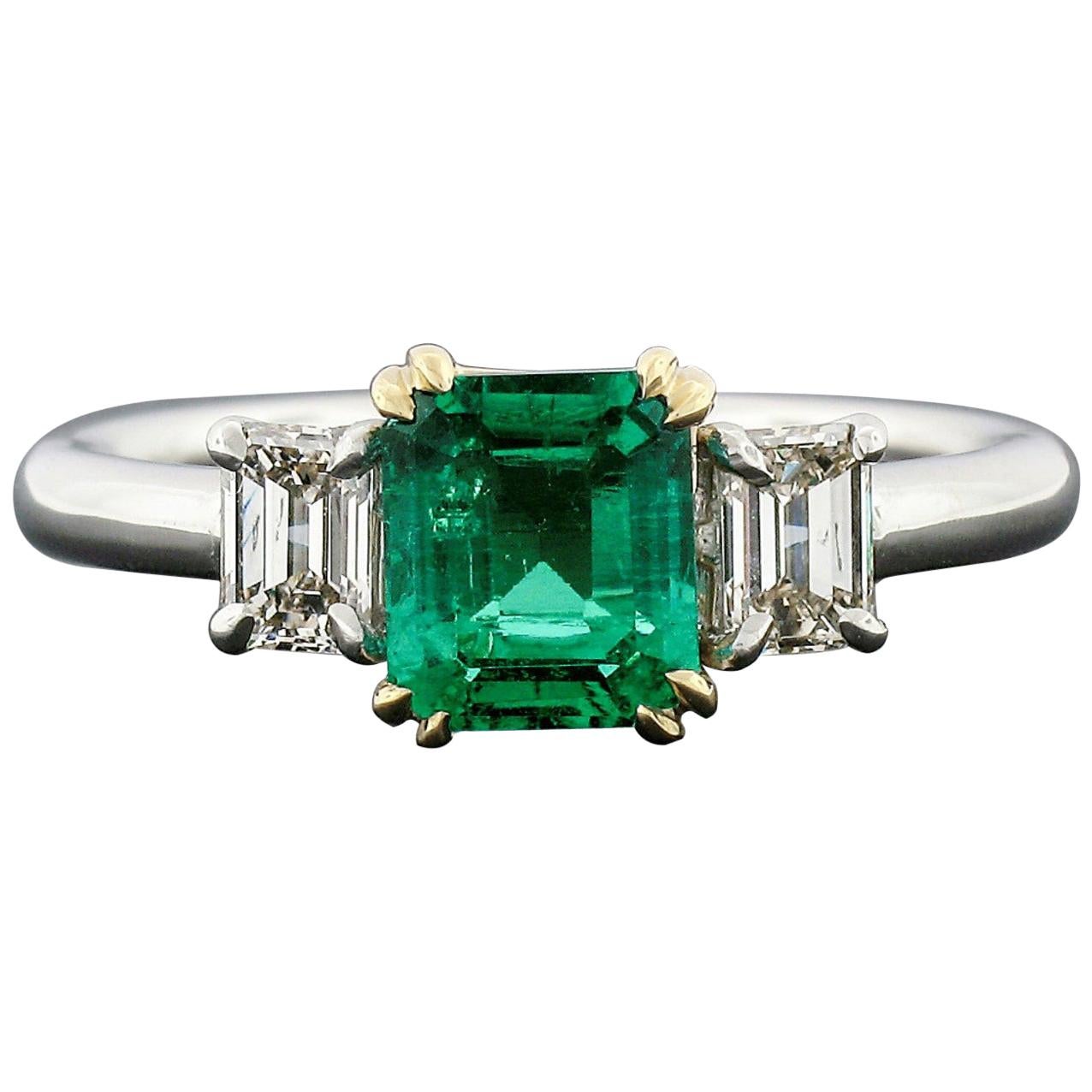 Platinum 18k Gold 1.04 Carat GIA Clean Colombian Emerald & Diamond 3-Stone Ring