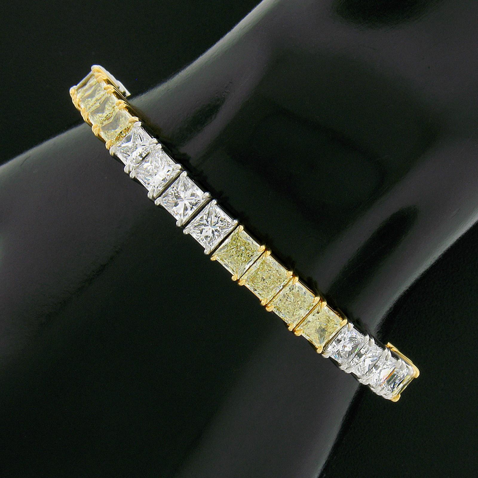 This breathtaking diamond statement tennis bracelet is crafted in solid platinum and 18k yellow gold and set with 40 very fine quality and large princess cut diamonds. The diamonds are carefully mounted in solid and sturdy, squared 4-prong baskets