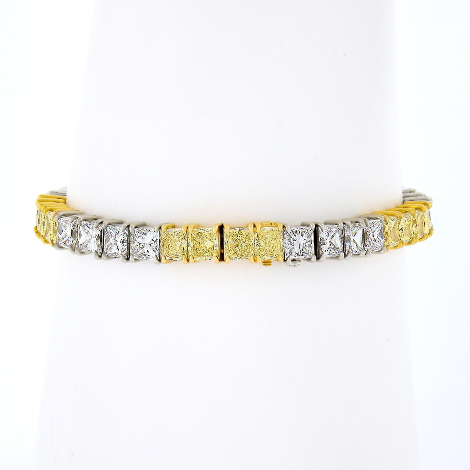 Platinum & 18k Gold 20ctw Princess Fancy Yellow & White Diamond Tennis Bracelet In Excellent Condition In Montclair, NJ