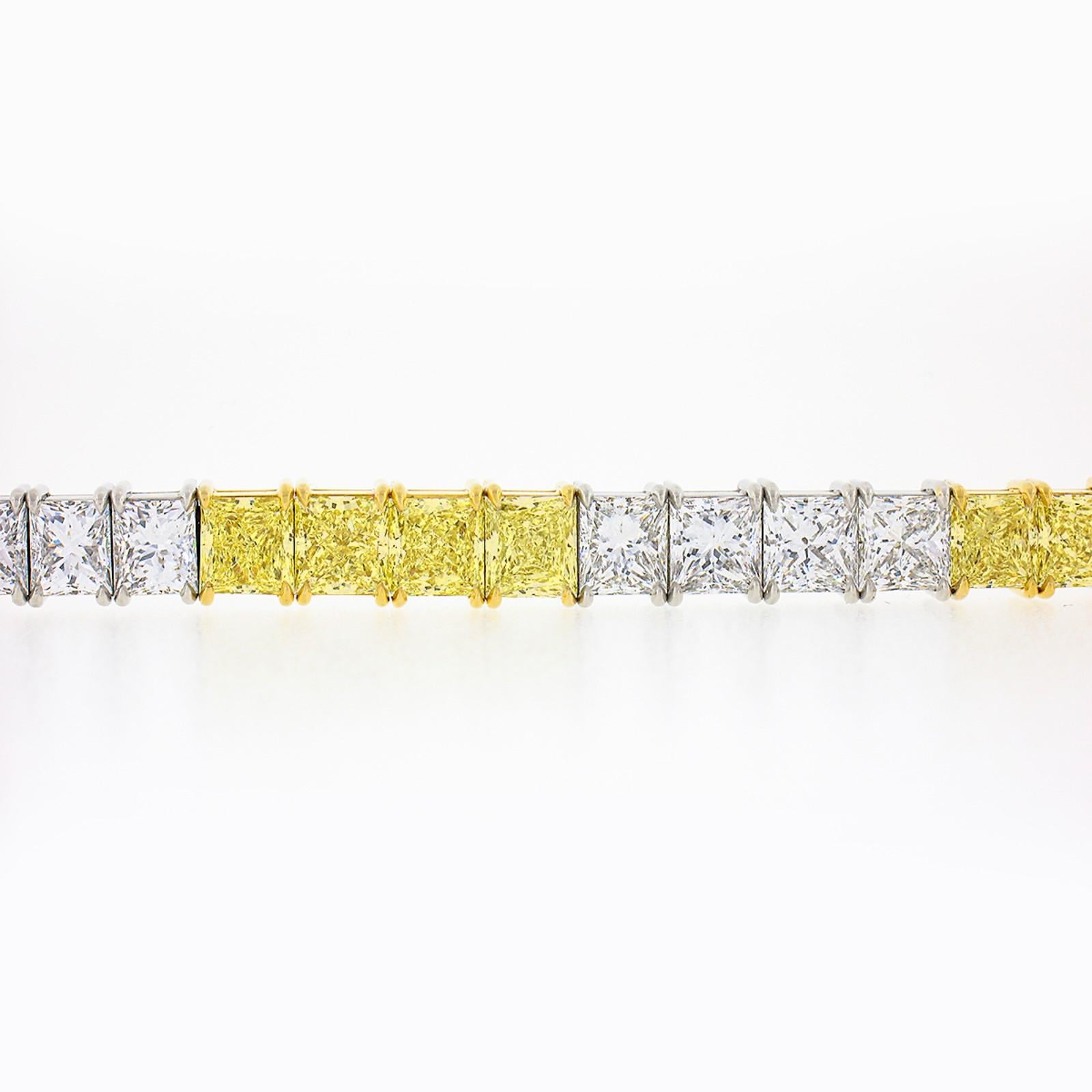 Women's or Men's Platinum & 18k Gold 20ctw Princess Fancy Yellow & White Diamond Tennis Bracelet