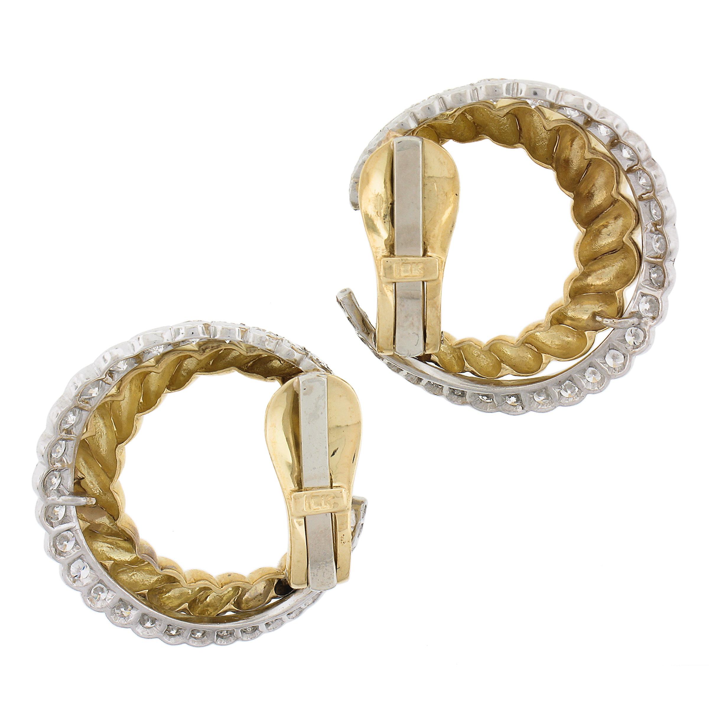 Taille ronde Boucles d'oreilles à clip en platine et or 18K avec 2,60ctw de diamant et câble torsadé en forme de croissant en vente