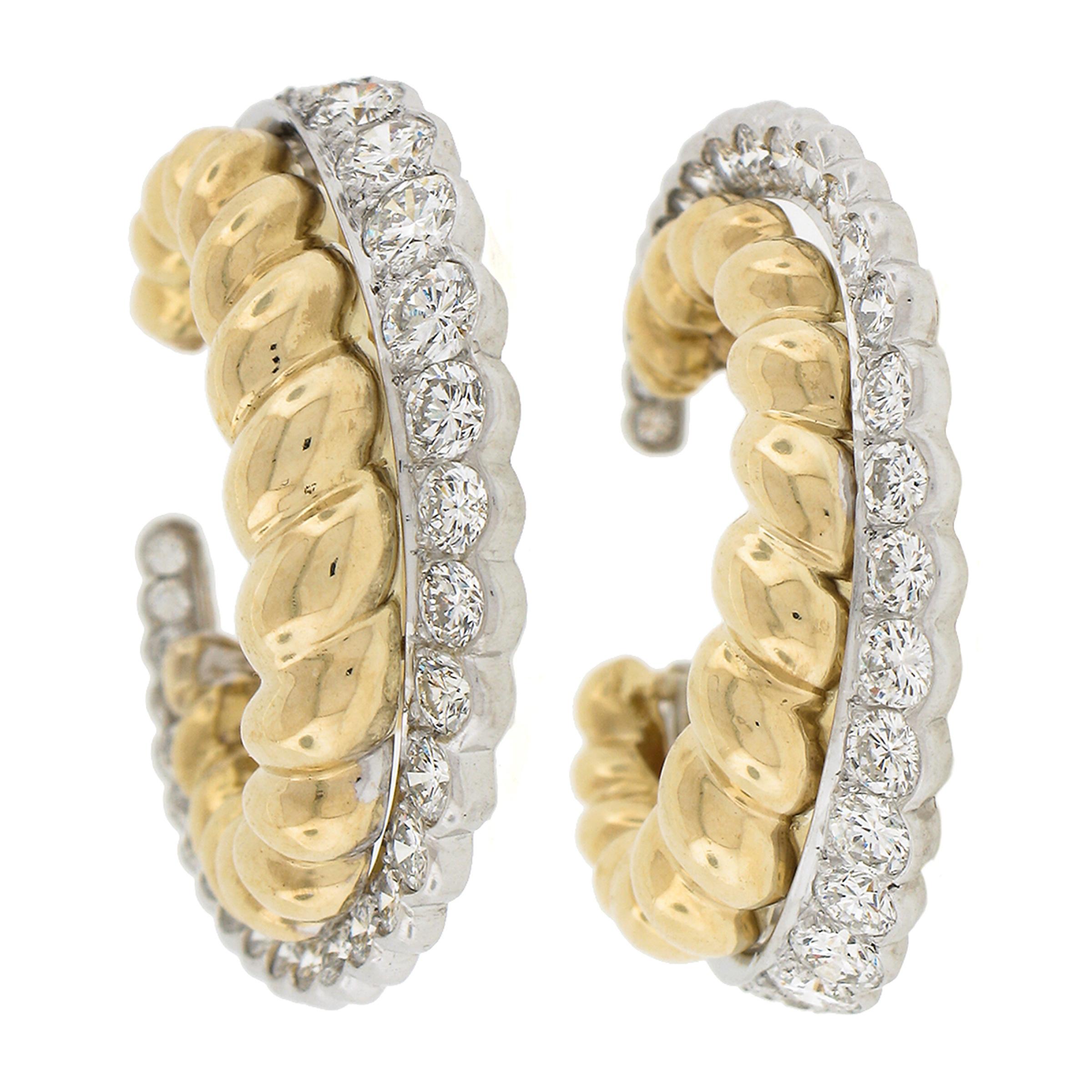 Women's Platinum & 18K Gold 2.60ctw Diamond & Twisted Cable Crescent Clip On Earrings For Sale
