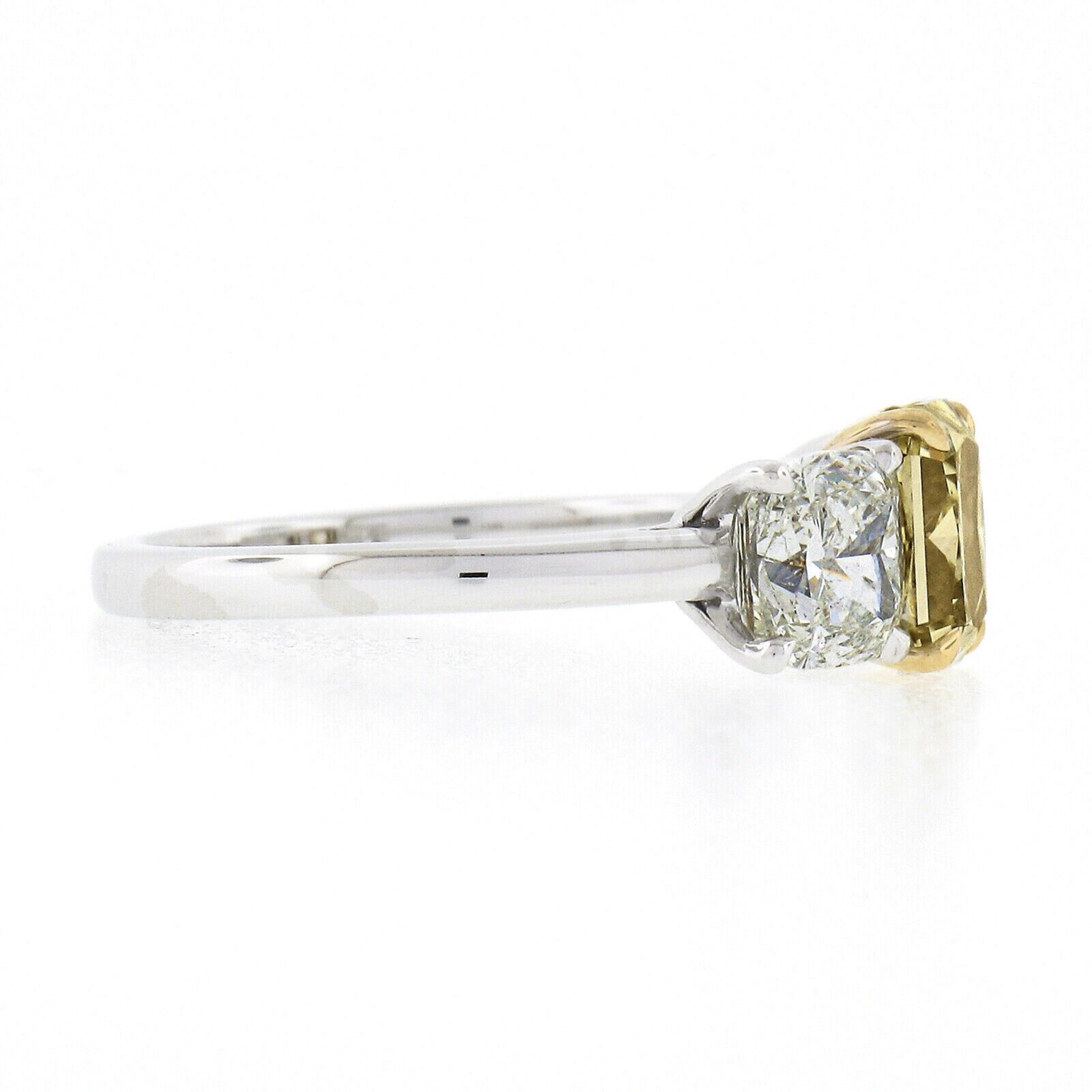 Women's Platinum 18k Gold 3.47ct GIA Fancy Yellow & White Cushion Diamond 3 Stone Ring For Sale