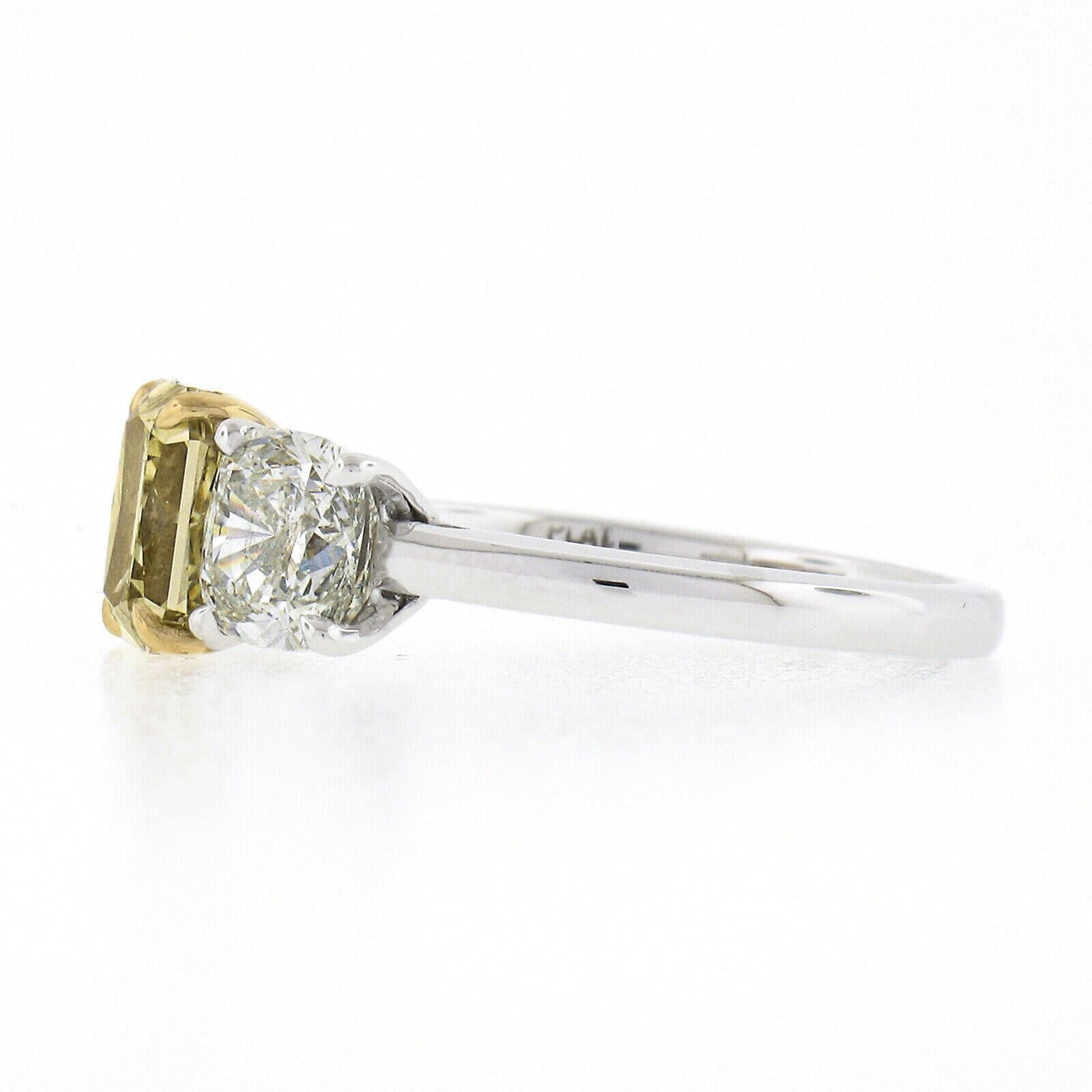 Platinum 18k Gold 3.47ct GIA Fancy Yellow & White Cushion Diamond 3 Stone Ring 1