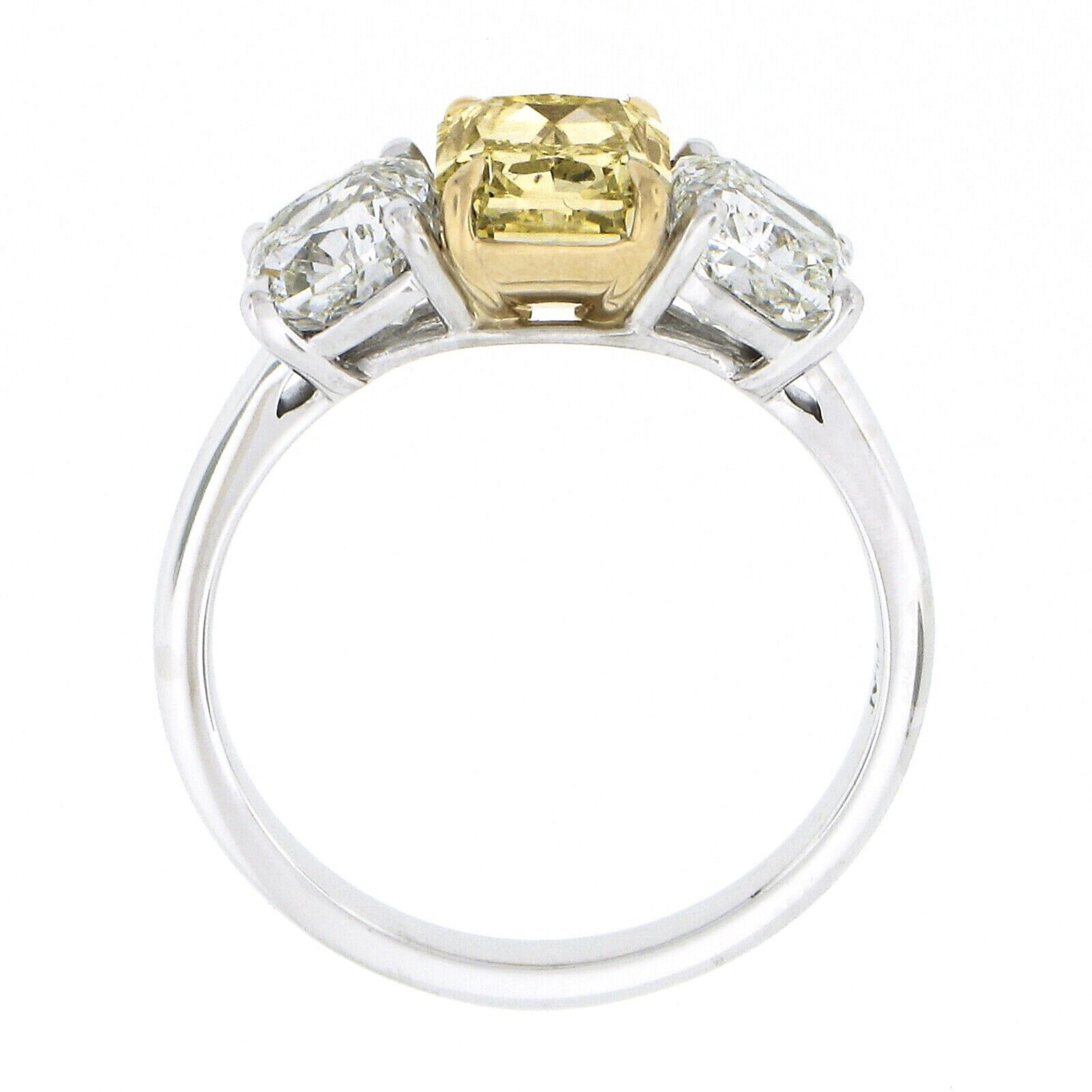 Platinum 18k Gold 3.47ct GIA Fancy Yellow & White Cushion Diamond 3 Stone Ring 3