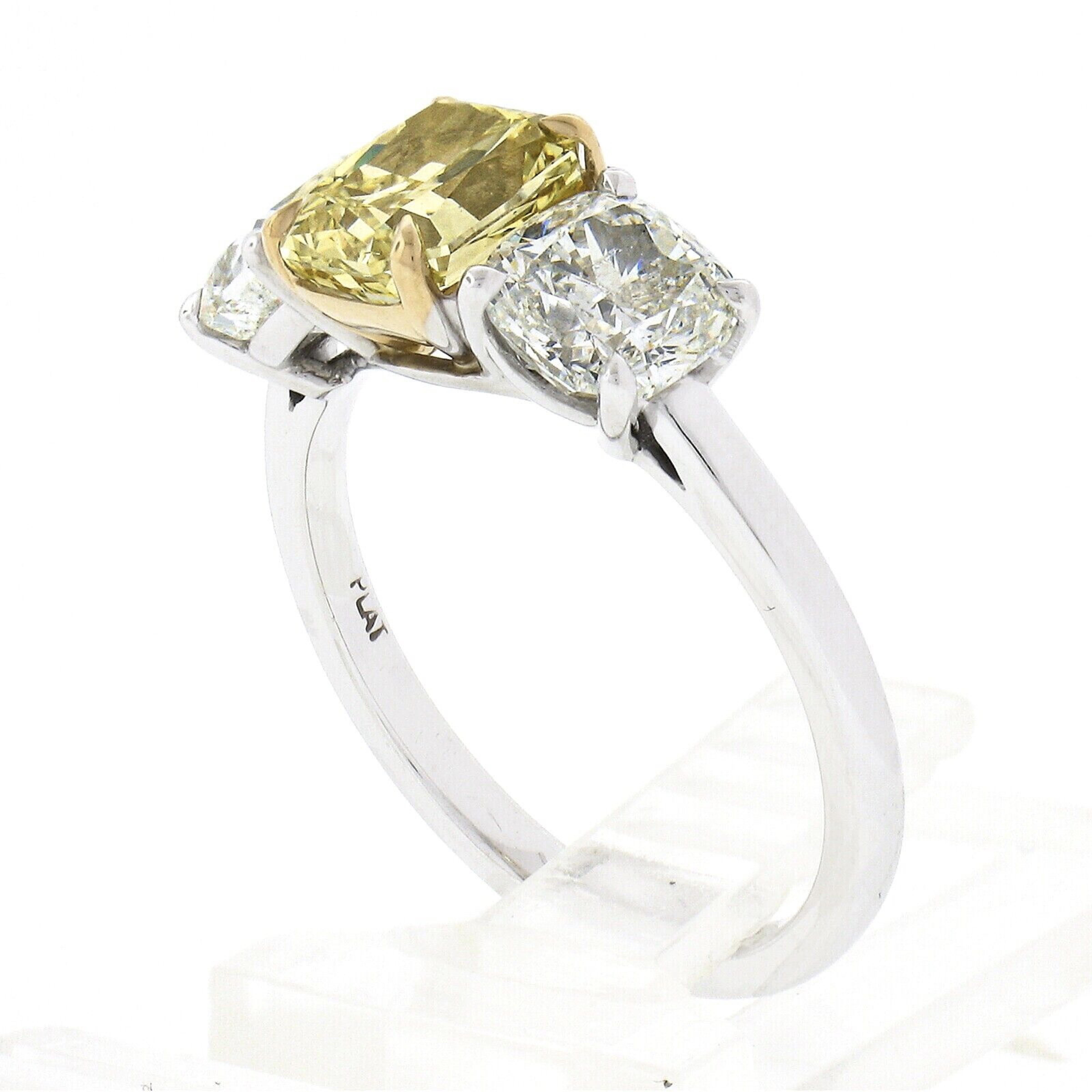 Platinum 18k Gold 3.47ct GIA Fancy Yellow & White Cushion Diamond 3 Stone Ring For Sale 4