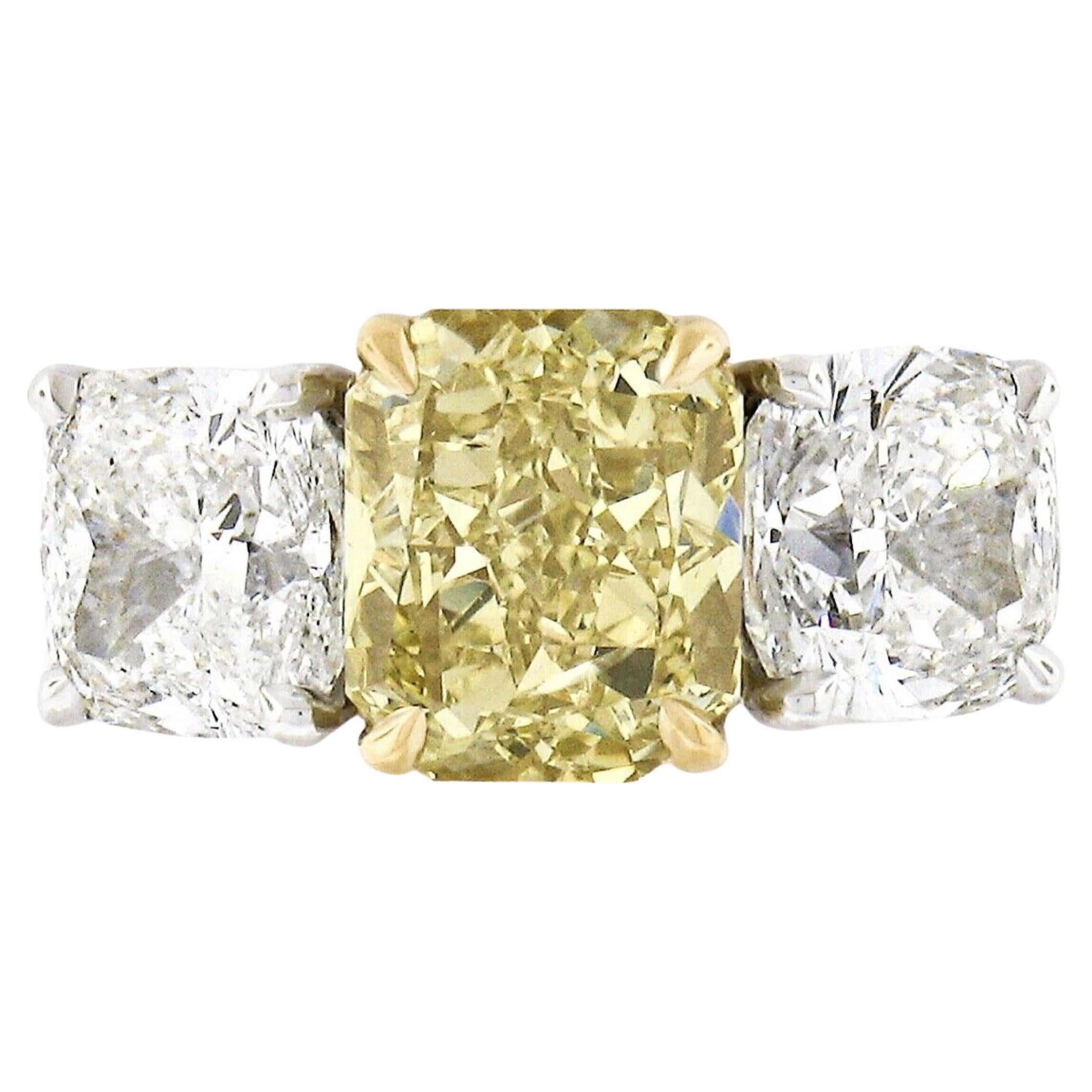 Platinum 18k Gold 3.47ct GIA Fancy Yellow & White Cushion Diamond 3 Stone Ring