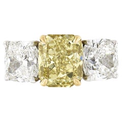 Platinum 18k Gold 3.47ct GIA Fancy Yellow & White Cushion Diamond 3 Stone Ring