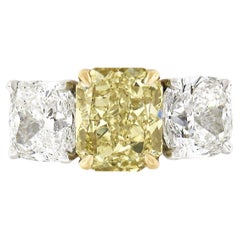Vintage Platinum 18k Gold 3.47ct GIA Fancy Yellow & White Cushion Diamond 3 Stone Ring