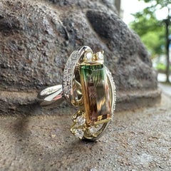 Platinum & 18k Gold 3.74ctw Long Step Cut Watermelon Tourmaline & Diamond Ring